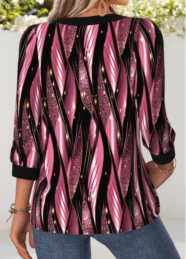 Pink tops,Geometric tops,ROTITA Tummy Coverage Geometric Print Pink Round Neck Blouse