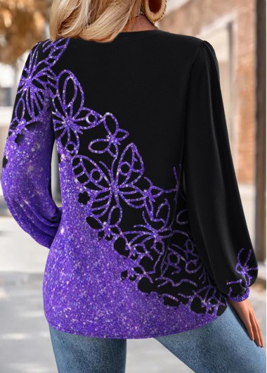 Purple tops,Animal Print tops,ROTITA Tummy Coverage Butterfly Print Purple V Neck Blouse