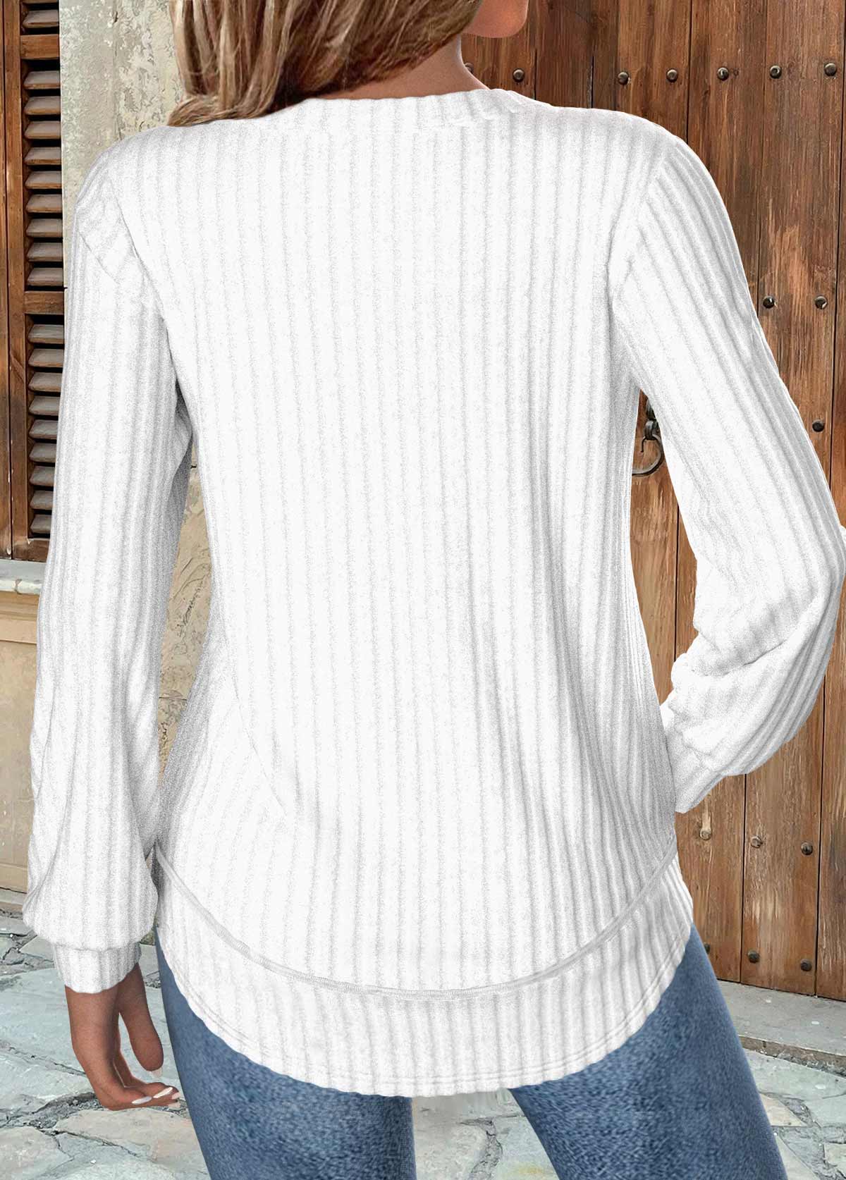 White tops,Plain Color tops,ROTITA White Round Neck Long Sleeve Sweatshirt