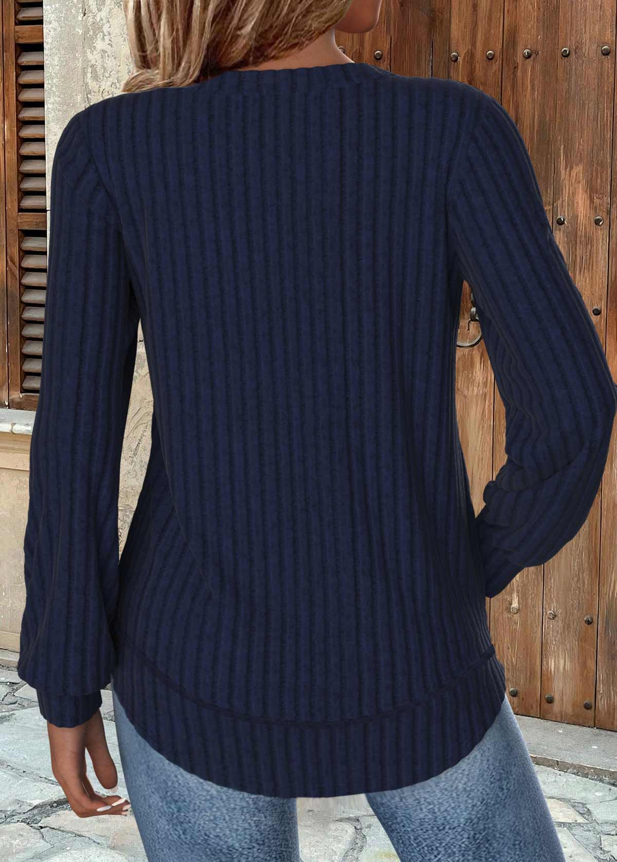 Navy tops,Plain Color tops,ROTITA Navy Round Neck Long Sleeve Sweatshirt