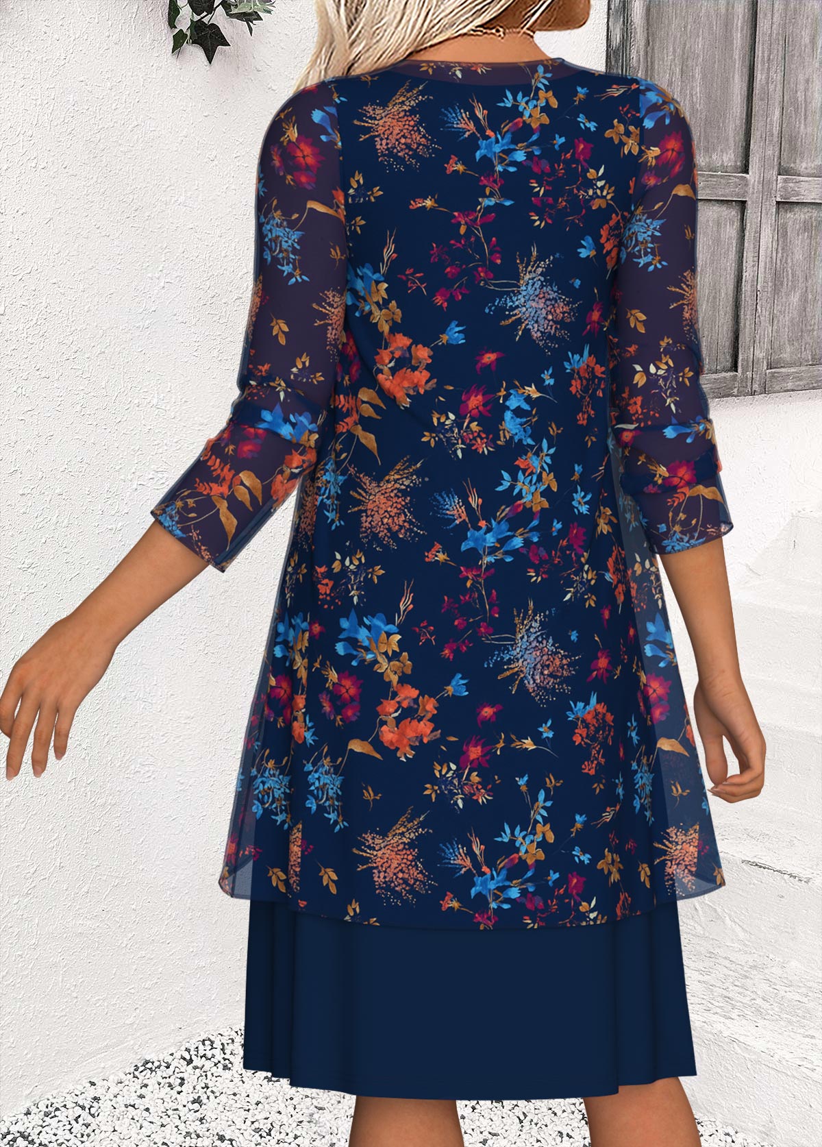 Navy dresses,Ditsy Floral dresses,Casual dresses,ROTITA Tummy Coverage Ditsy Floral Print Navy Dress and Cardigan
