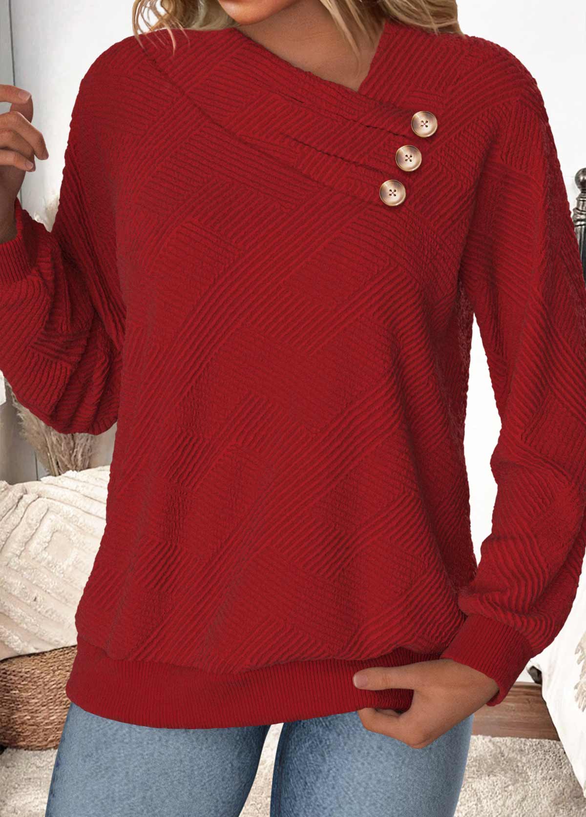 Wine Red tops,Plain Color tops,ROTITA Button Wine Red Asymmetrical Neck Long Sleeve Sweatshirt