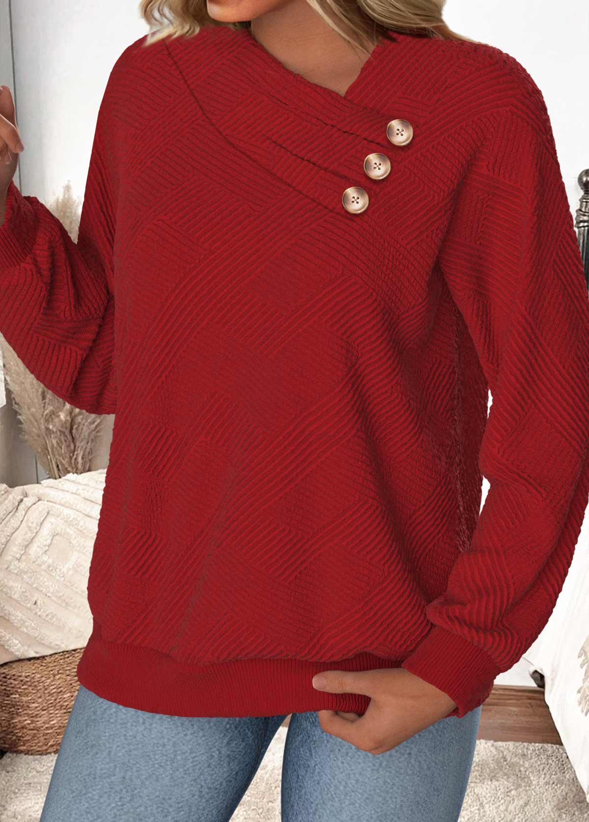 Wine Red tops,Plain Color tops,ROTITA Button Wine Red Asymmetrical Neck Long Sleeve Sweatshirt