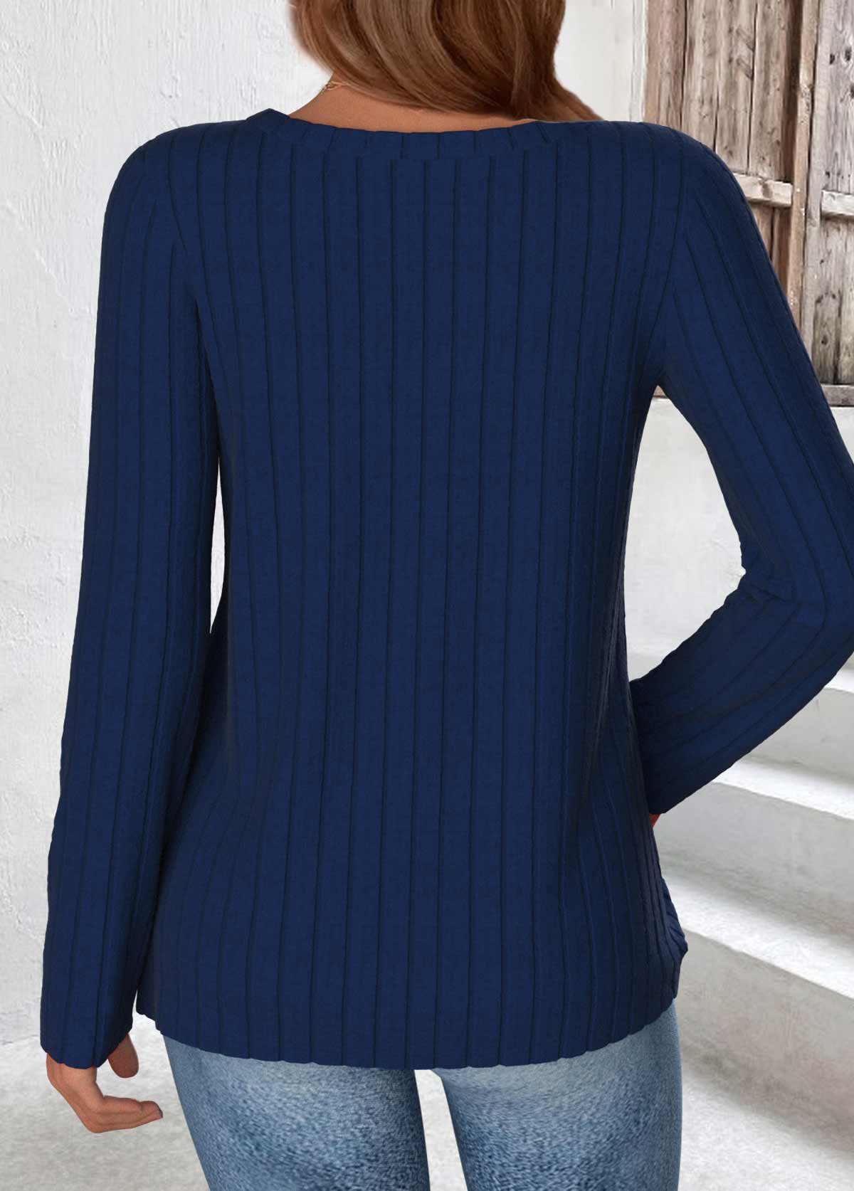 Navy tops,Plain Color tops,ROTITA Navy Round Neck Long Sleeve T Shirt