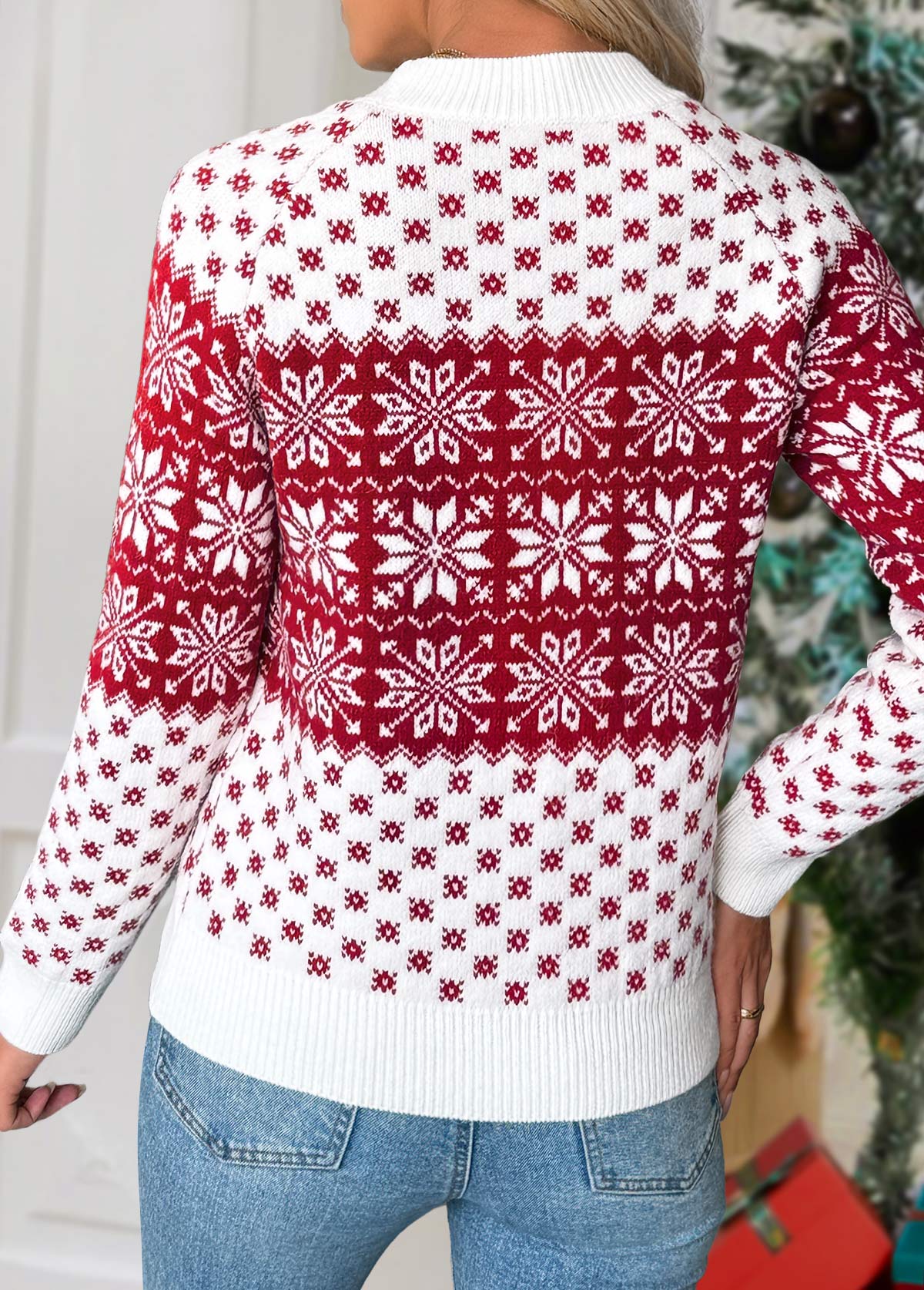 Wine Red tops,Christmas tops,Christmas Tummy Coverage Snowflake Print Wine Red Sweater