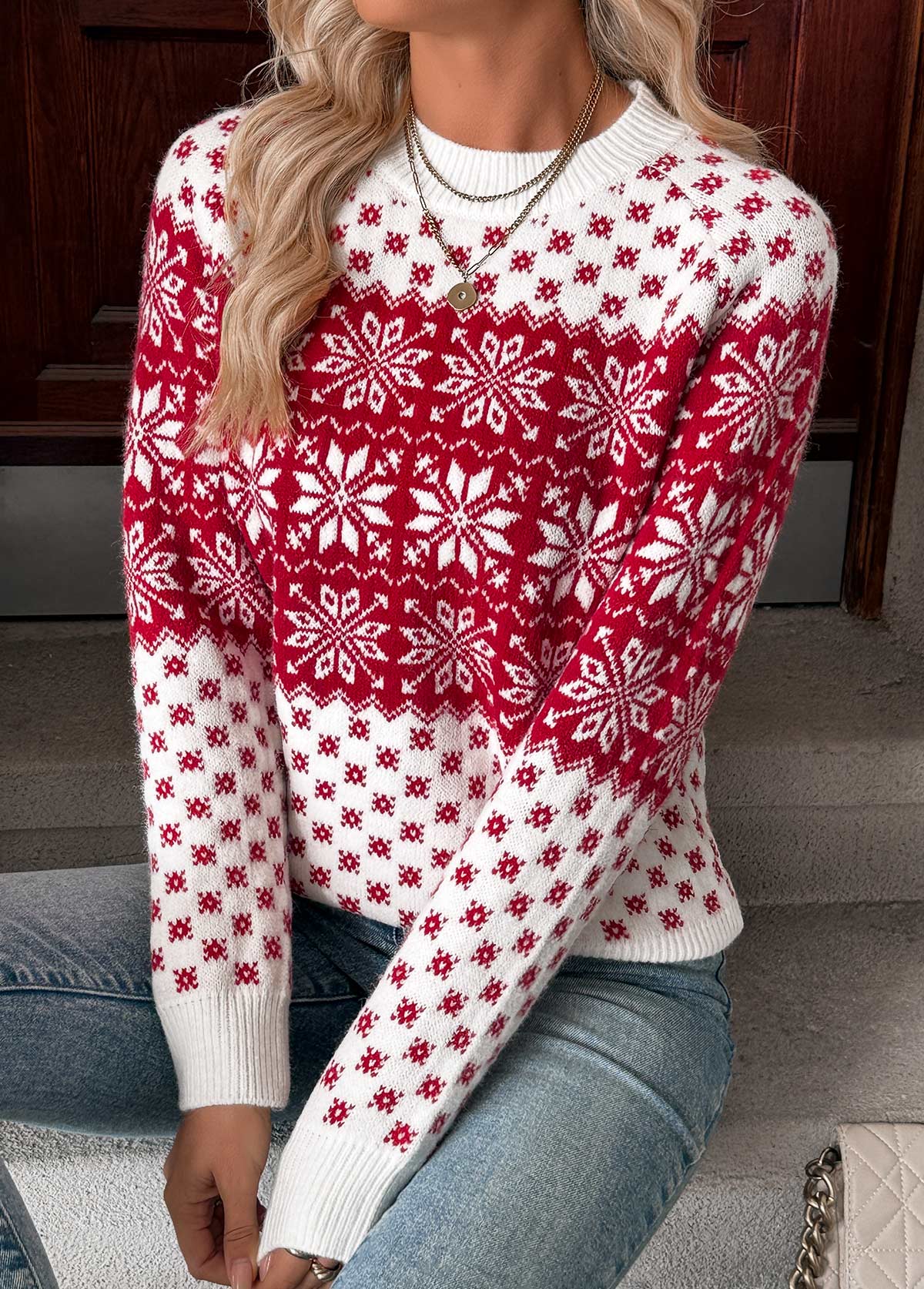 Wine Red tops,Christmas tops,Christmas Tummy Coverage Snowflake Print Wine Red Sweater