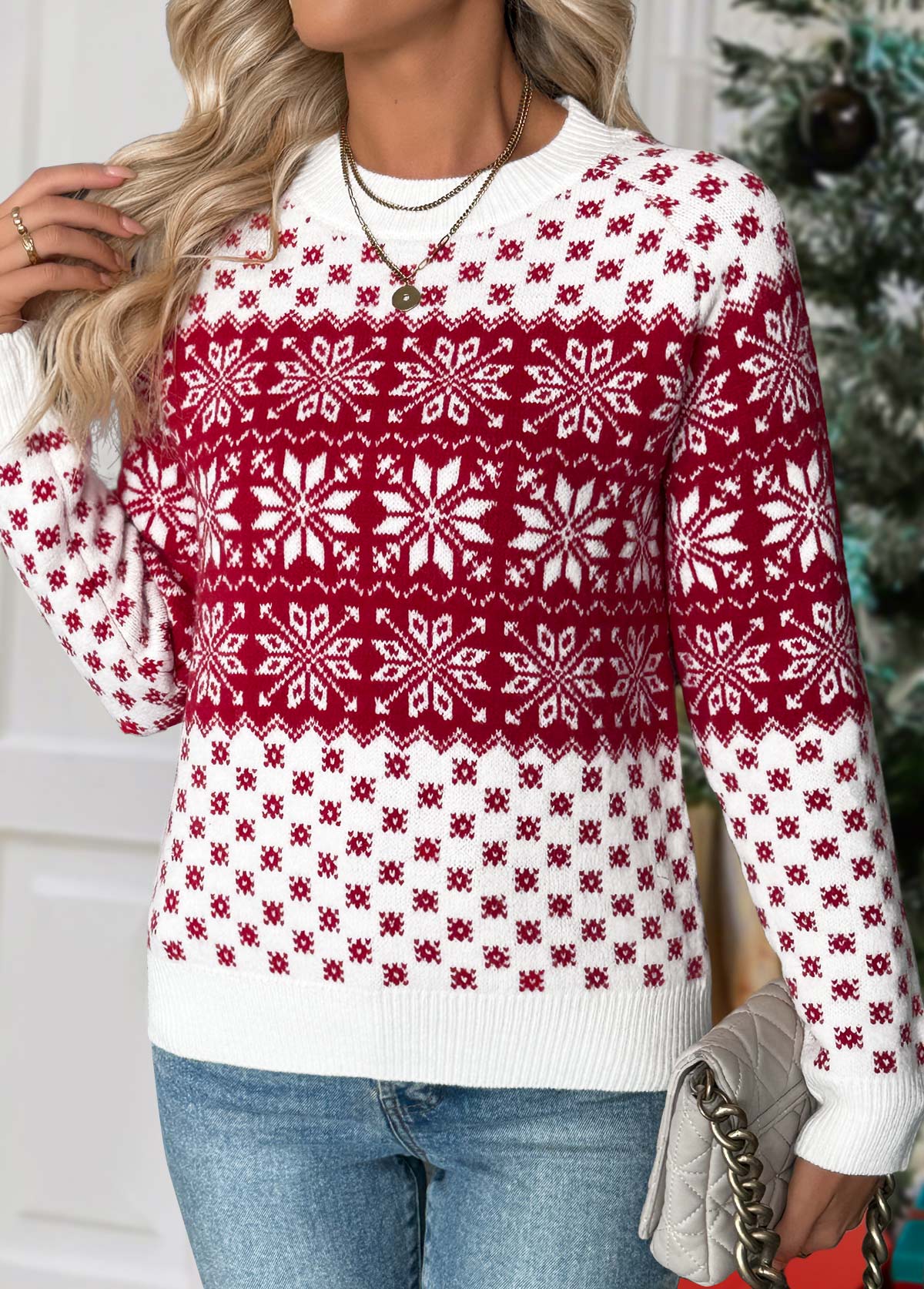 Wine Red tops,Christmas tops,Christmas Tummy Coverage Snowflake Print Wine Red Sweater
