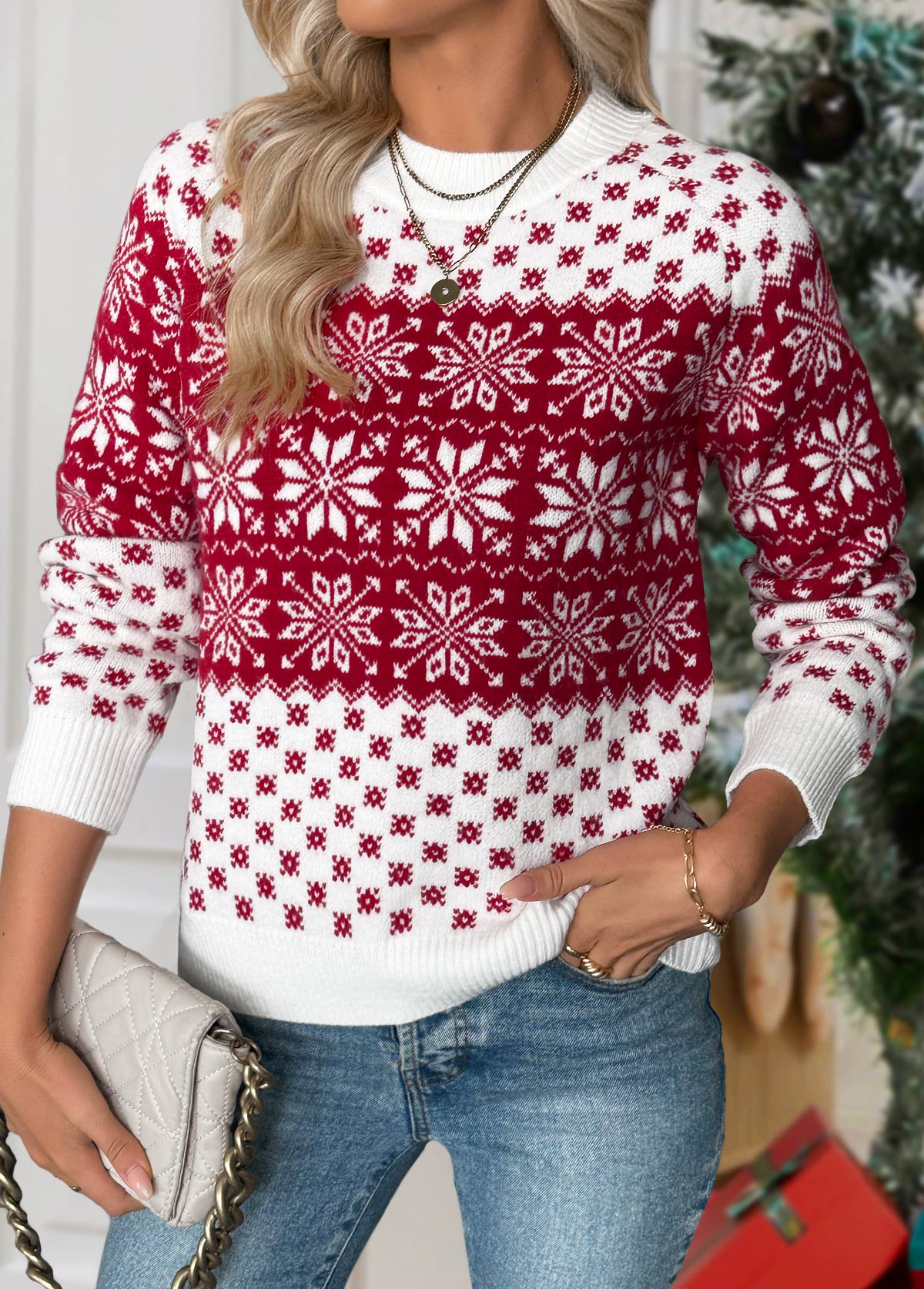 Wine Red tops,Christmas tops,Christmas Tummy Coverage Snowflake Print Wine Red Sweater