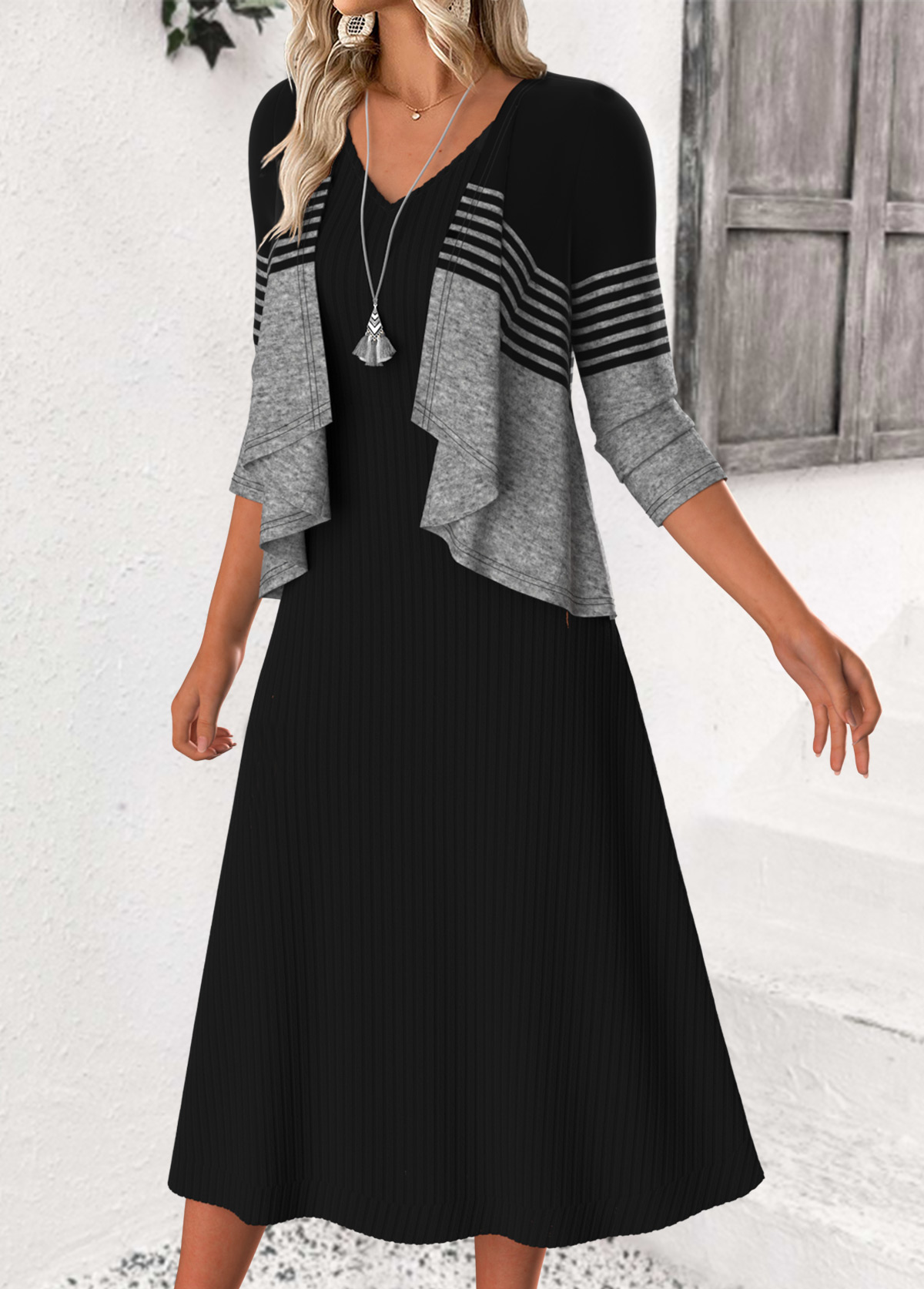 Black dresses,Striped dresses,Geometric dresses,Casual dresses,ROTITA Tummy Coverage Striped Black V Neck Dress and Cardigan