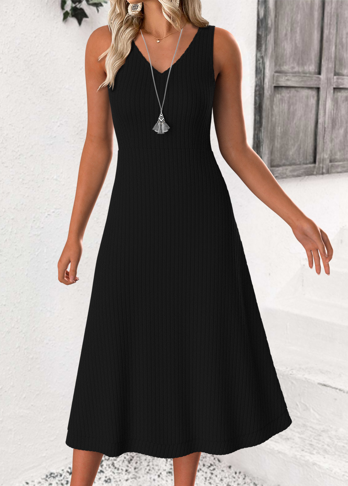 Black dresses,Striped dresses,Geometric dresses,Casual dresses,ROTITA Tummy Coverage Striped Black V Neck Dress and Cardigan