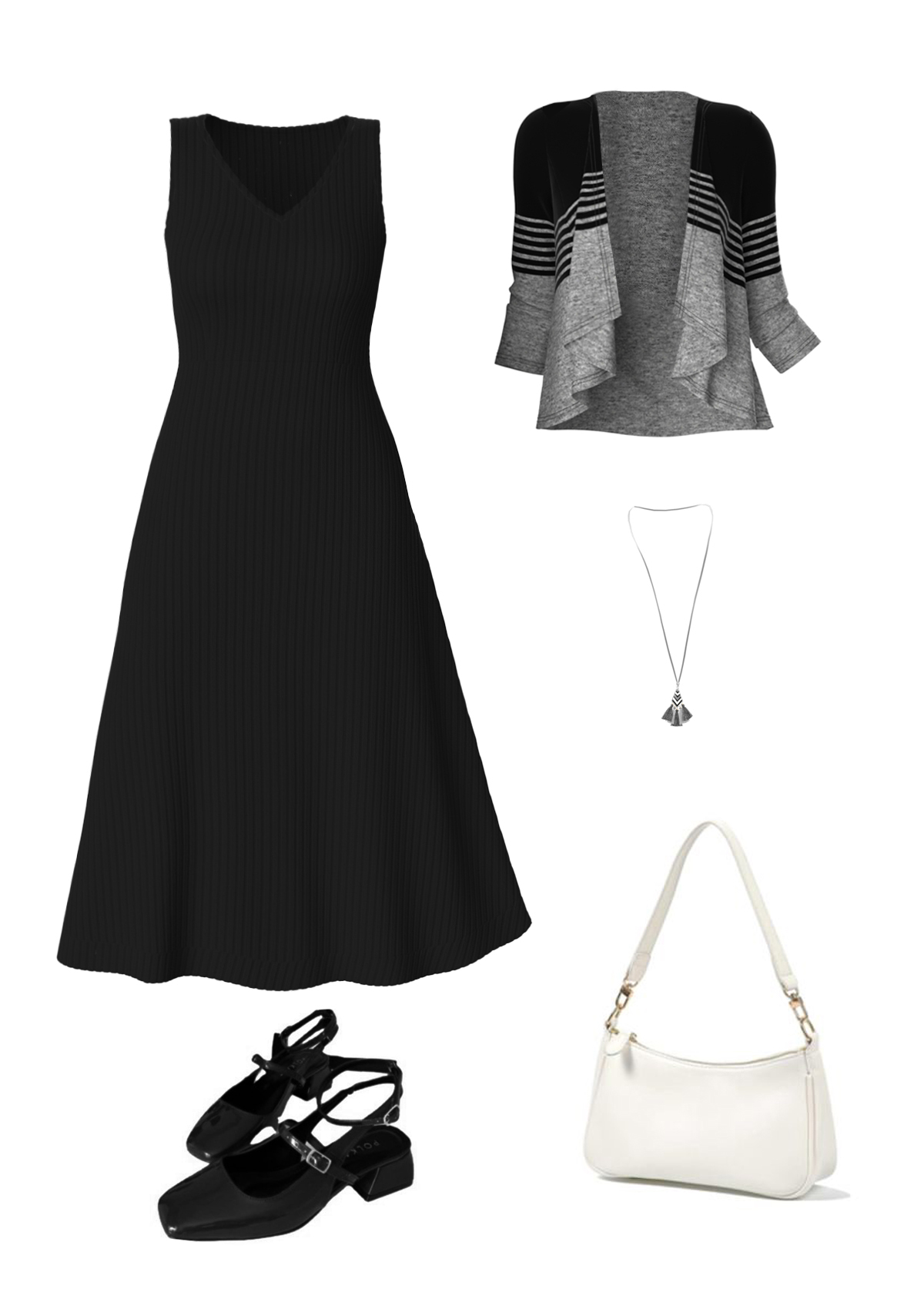 Black dresses,Striped dresses,Geometric dresses,Casual dresses,ROTITA Tummy Coverage Striped Black V Neck Dress and Cardigan