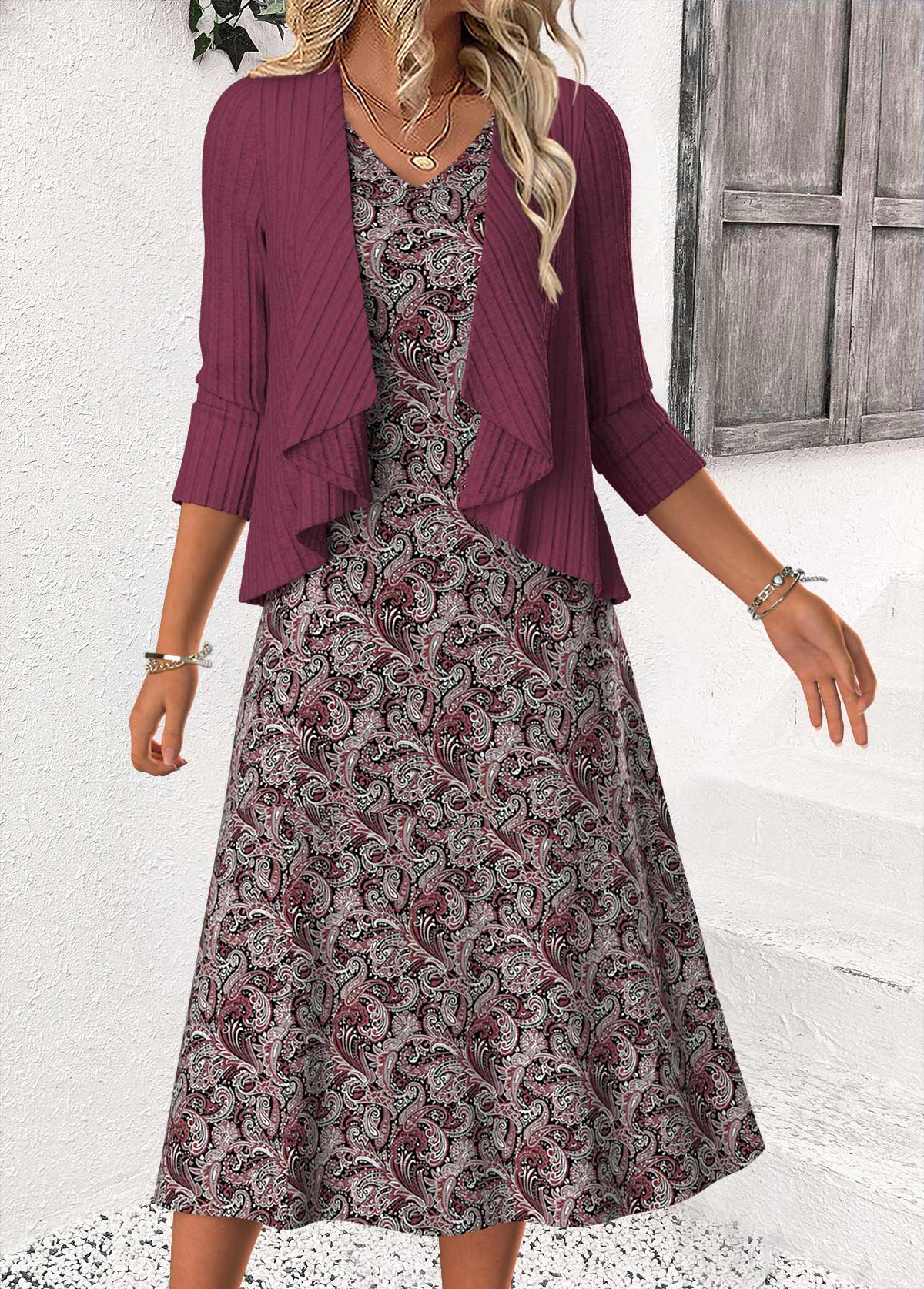 Dusty Purple dresses,Paisley dresses,Casual dresses,ROTITA Tummy Coverage Paisley Print Dusty Purple Dress and Cardigan