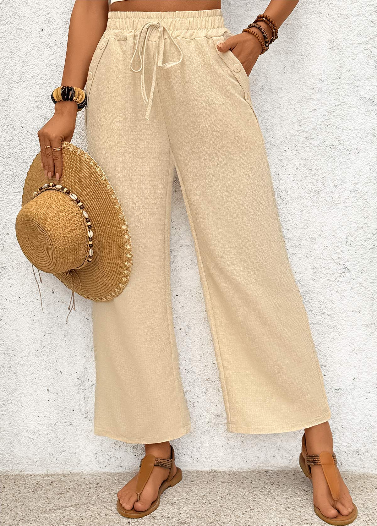 Light Coffee bottoms,Plain Color bottoms,Pocket Light Coffee Wide Leg Elastic Waist Pants