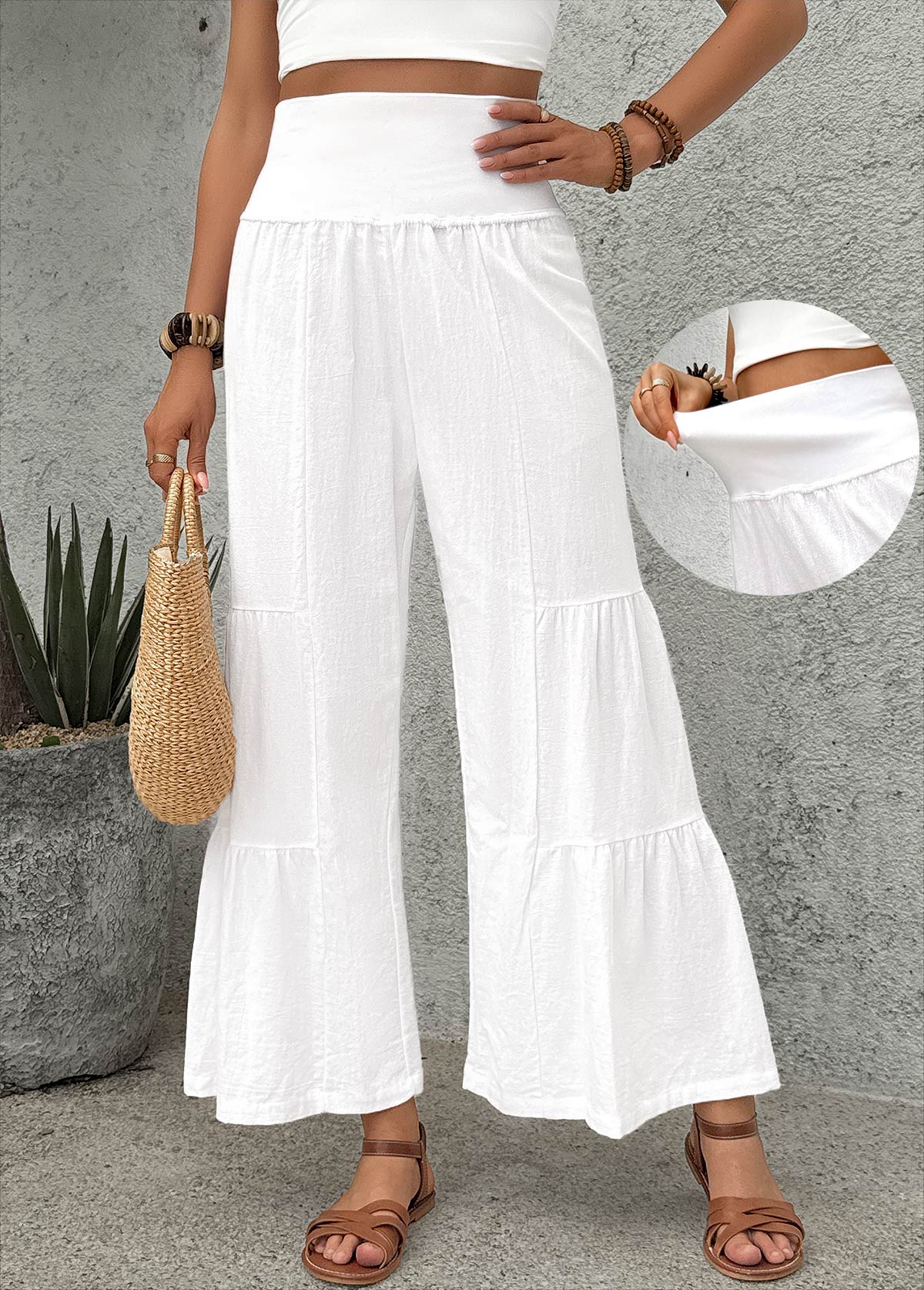 White bottoms,Plain Color bottoms,White Wide Leg Elastic Waist High Waisted Pants