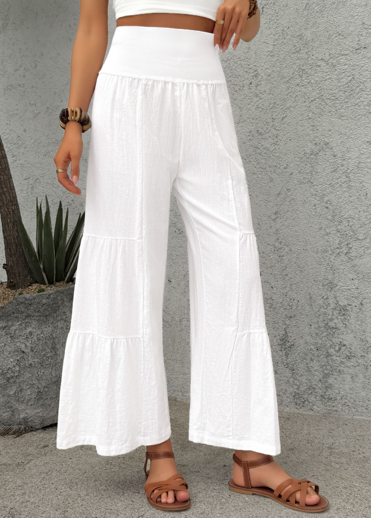 White bottoms,Plain Color bottoms,White Wide Leg Elastic Waist High Waisted Pants