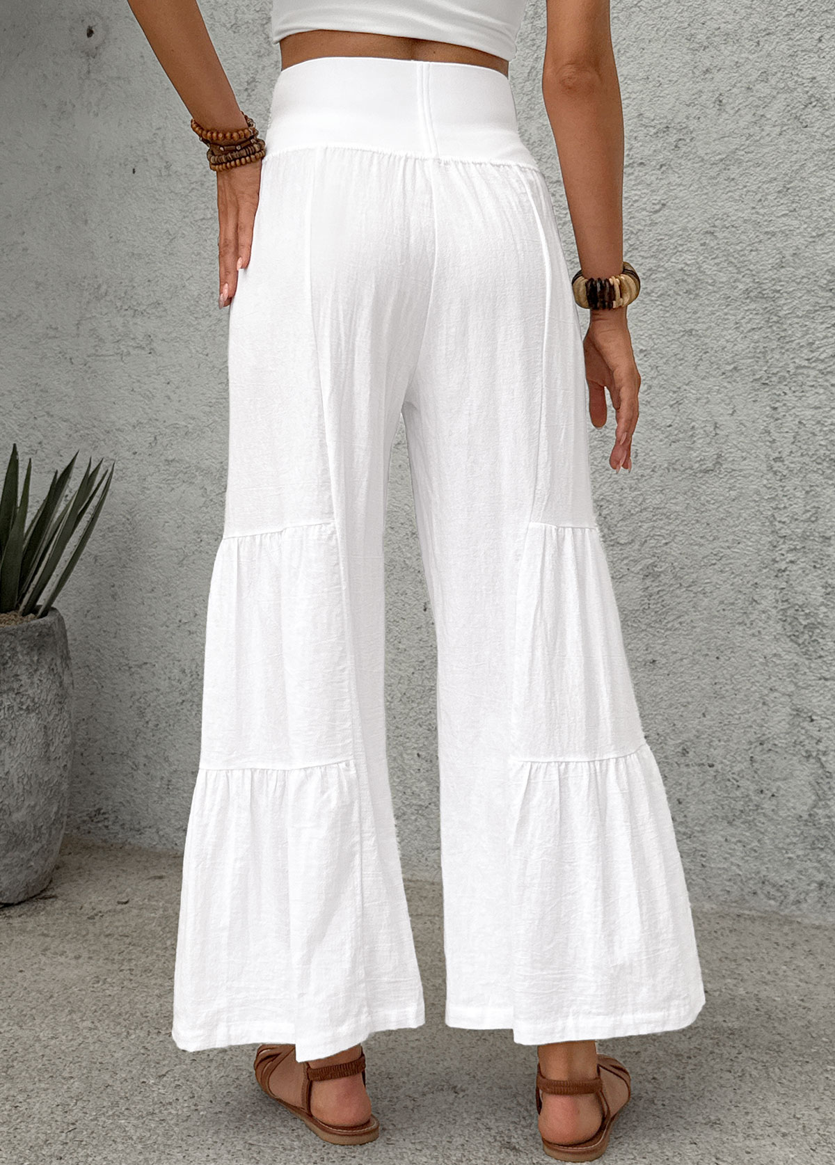 White bottoms,Plain Color bottoms,White Wide Leg Elastic Waist High Waisted Pants
