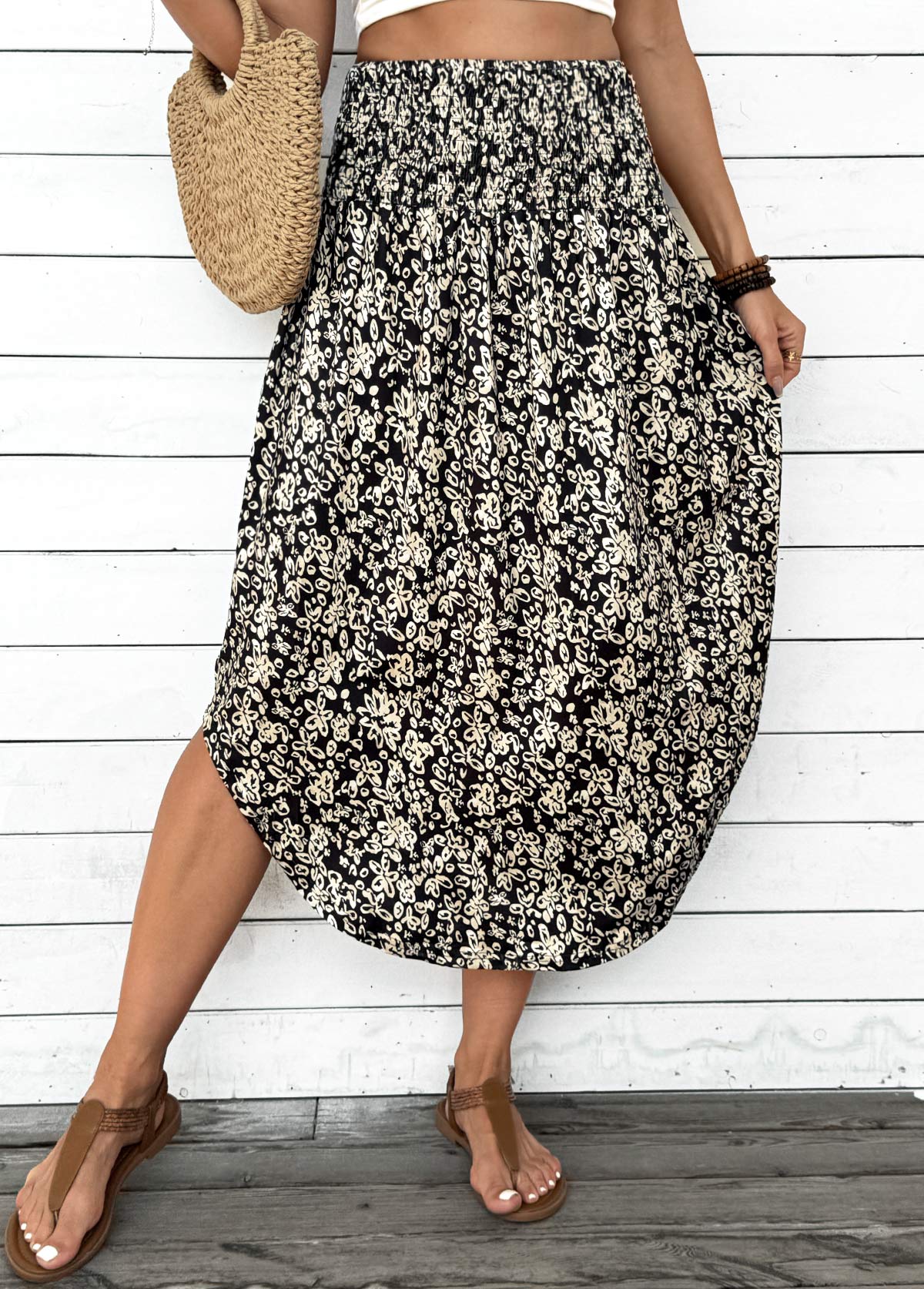 Black bottoms,Floral bottoms,Plants bottoms,Floral Print Black Elastic Waist A Line Skirt