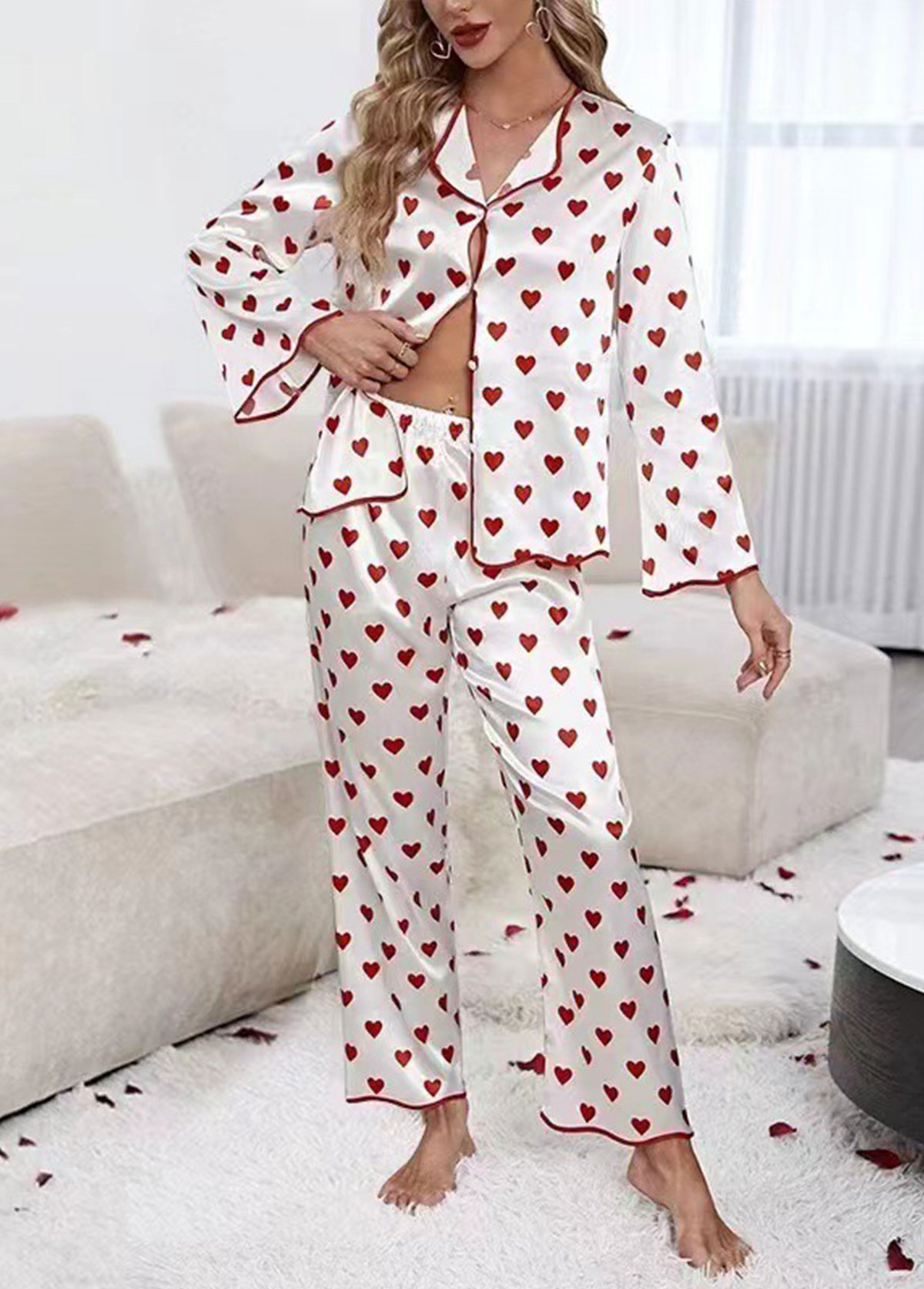Red loungewear,Heart loungewear,Heart Print Red Long Sleeve Lounge Top and Pants