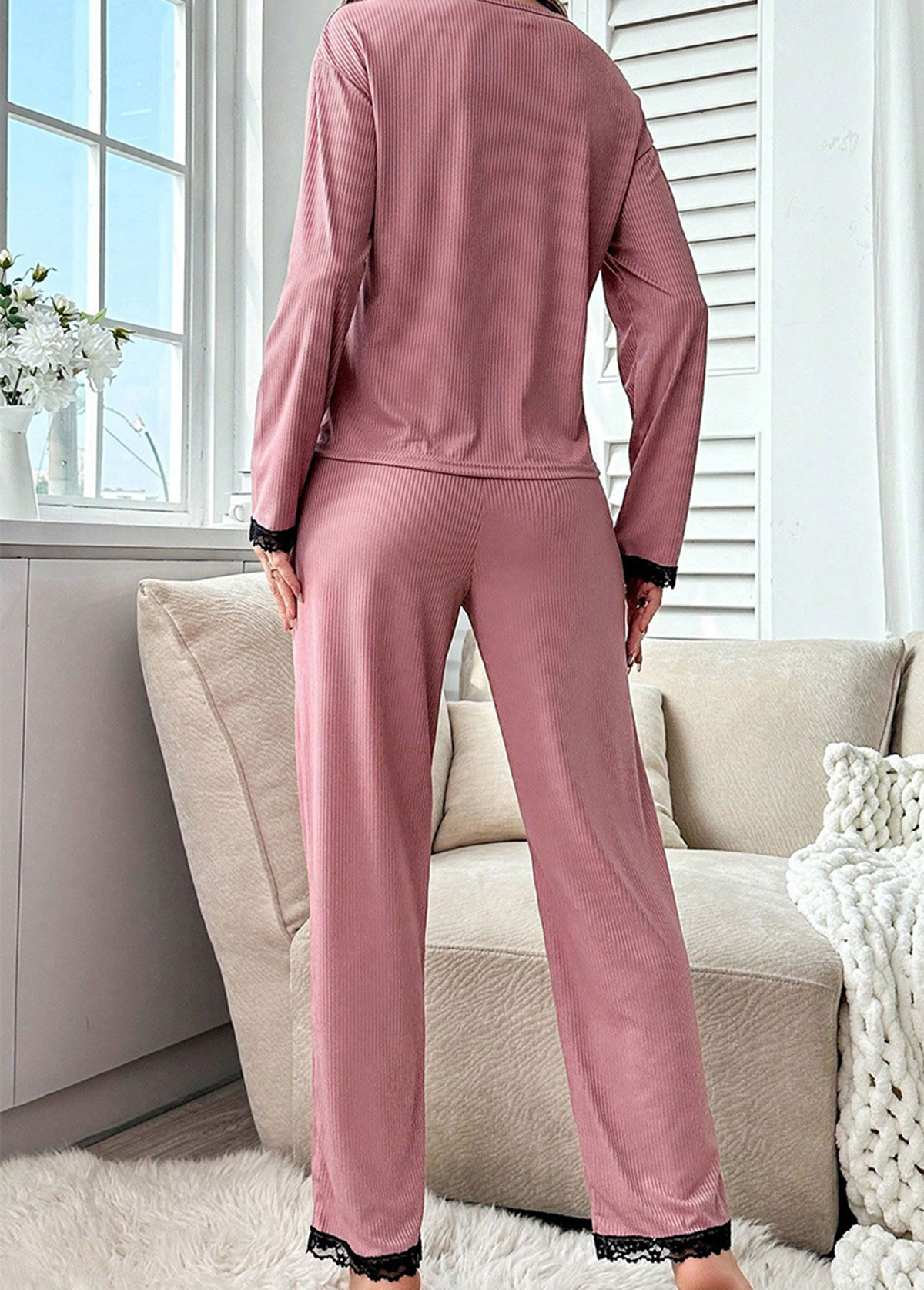 Pink loungewear,Contrast Color loungewear,Pink Round Neck Long Sleeve Lounge Top and Pants