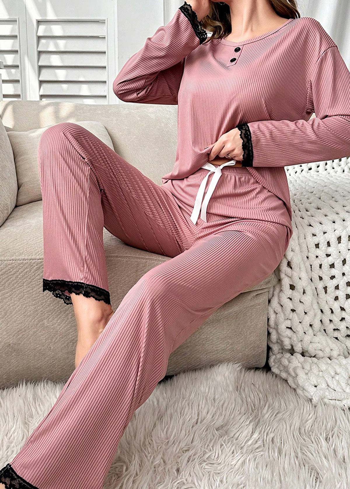 Pink loungewear,Contrast Color loungewear,Pink Round Neck Long Sleeve Lounge Top and Pants