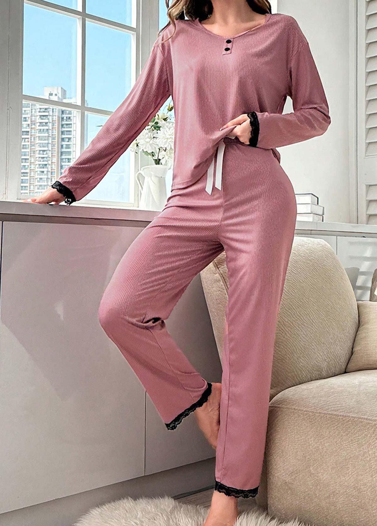 Pink loungewear,Contrast Color loungewear,Pink Round Neck Long Sleeve Lounge Top and Pants