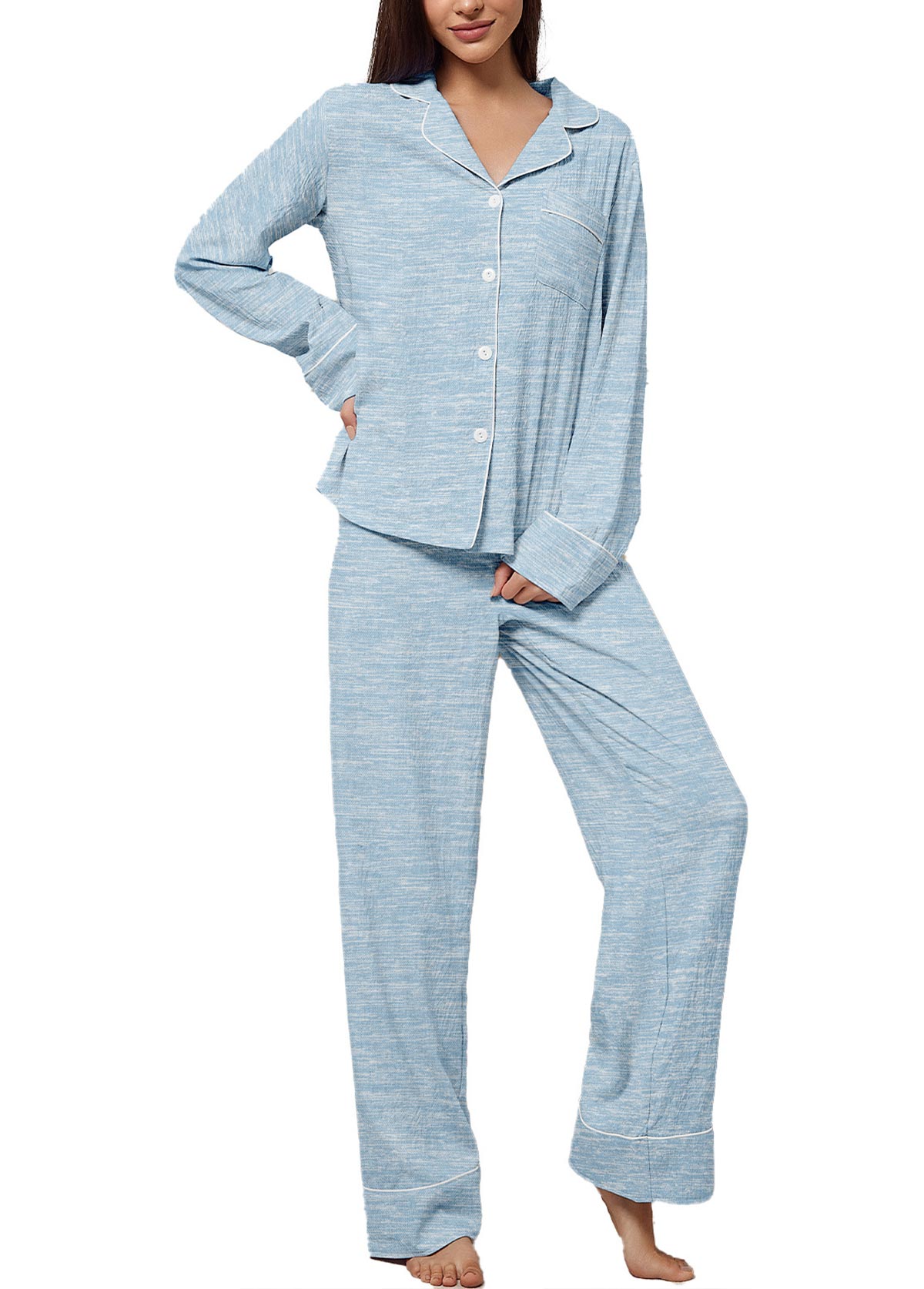 Light Blue loungewear,Plain Color loungewear,Light Blue Turn Down Collar Lounge Top and Pants