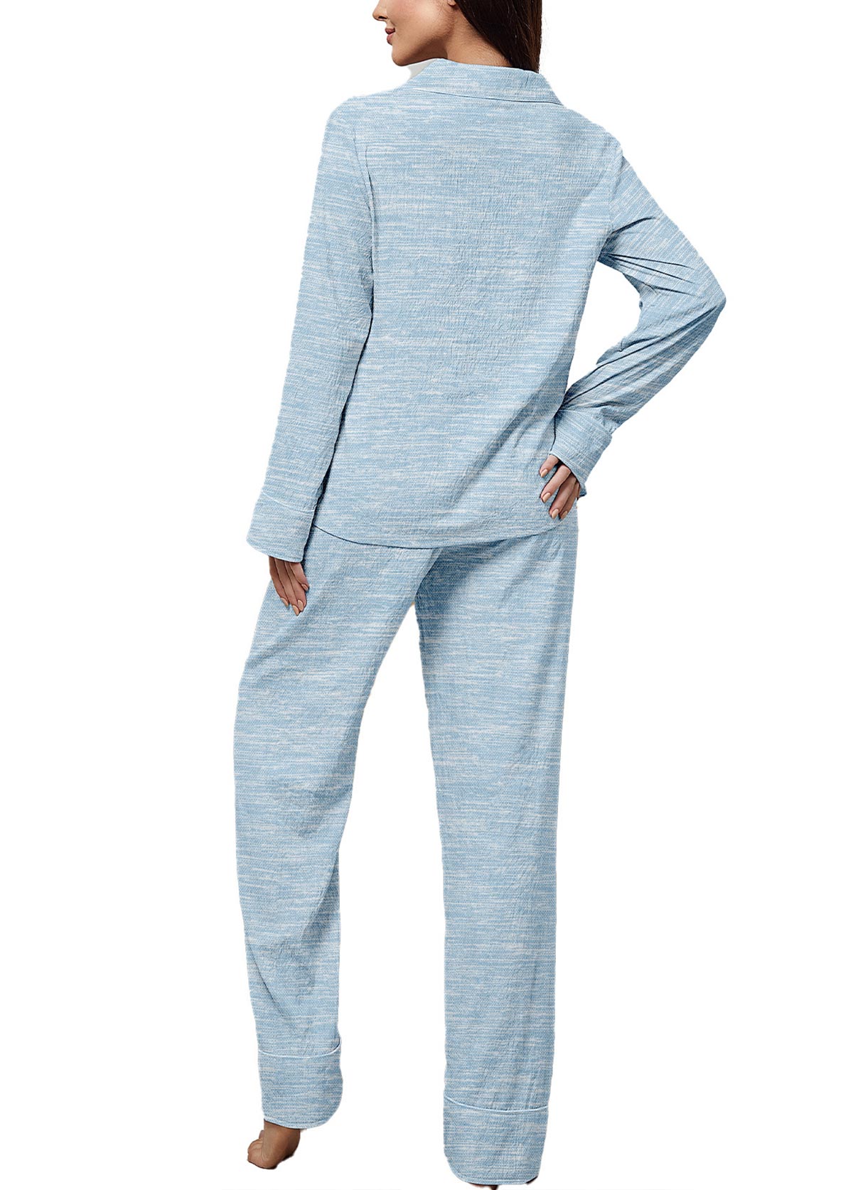 Light Blue loungewear,Plain Color loungewear,Light Blue Turn Down Collar Lounge Top and Pants
