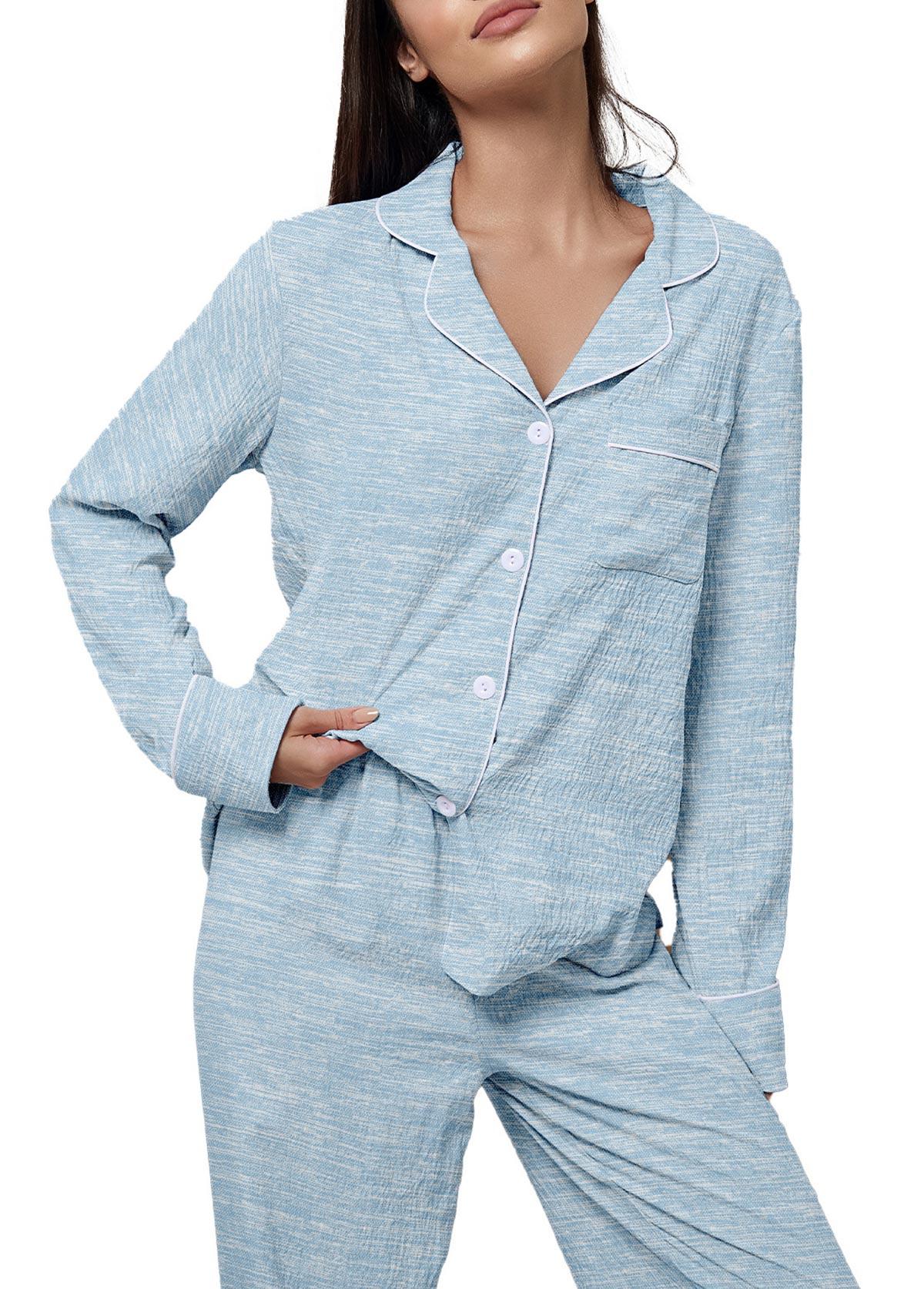 Light Blue loungewear,Plain Color loungewear,Light Blue Turn Down Collar Lounge Top and Pants