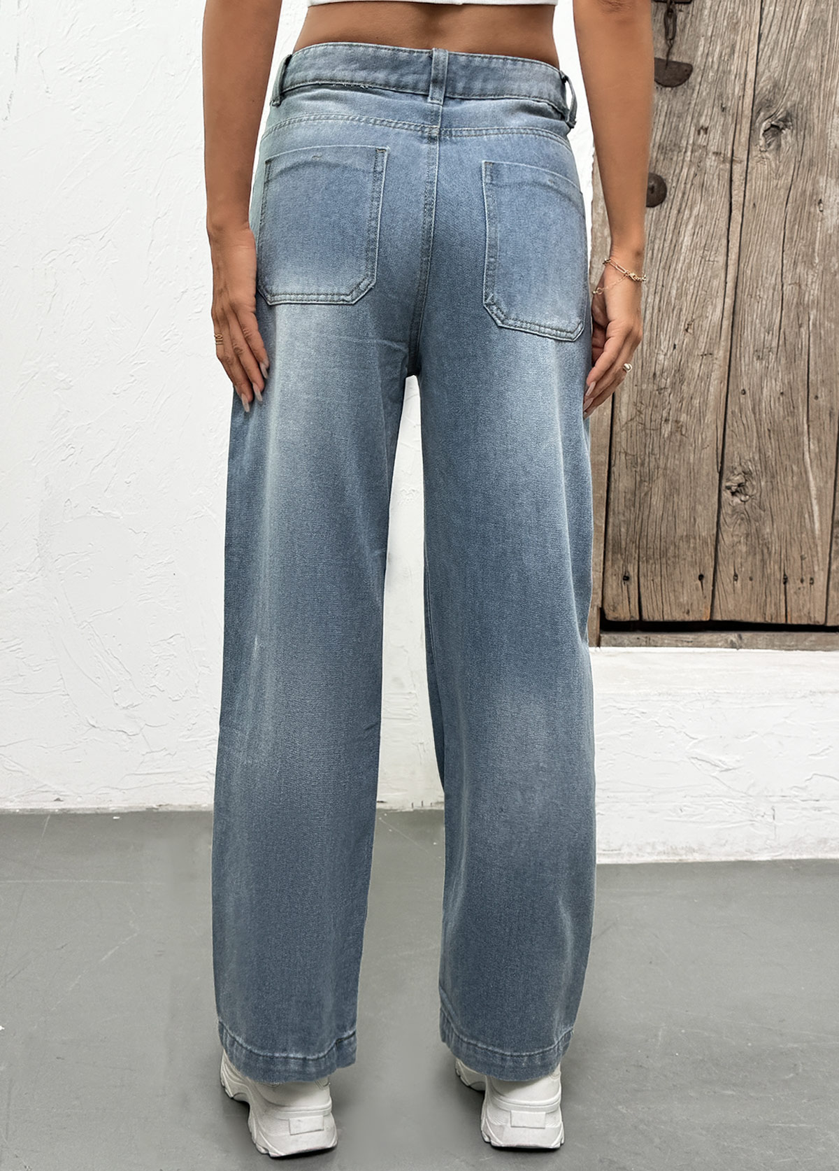 Denim Blue bottoms,Plain Color bottoms,Pocket Denim Blue Straight Leg Button Fly Jeans