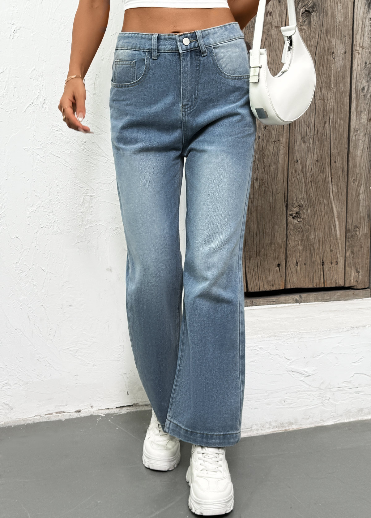 Denim Blue bottoms,Plain Color bottoms,Pocket Denim Blue Straight Leg Button Fly Jeans