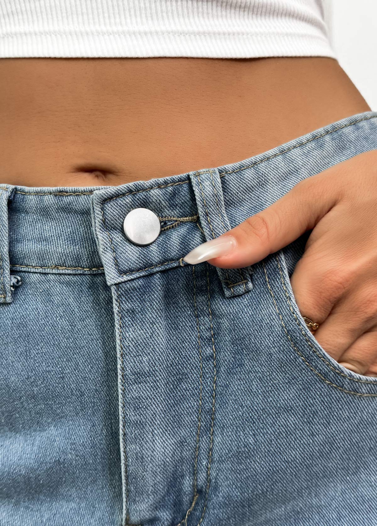 Denim Blue bottoms,Plain Color bottoms,Pocket Denim Blue Straight Leg Button Fly Jeans