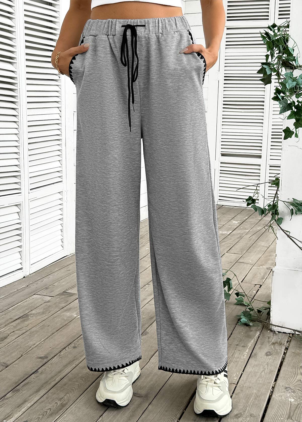 Grey bottoms,Plain Color bottoms,Pocket Grey Wide Leg Elastic Waist High Waisted Pants