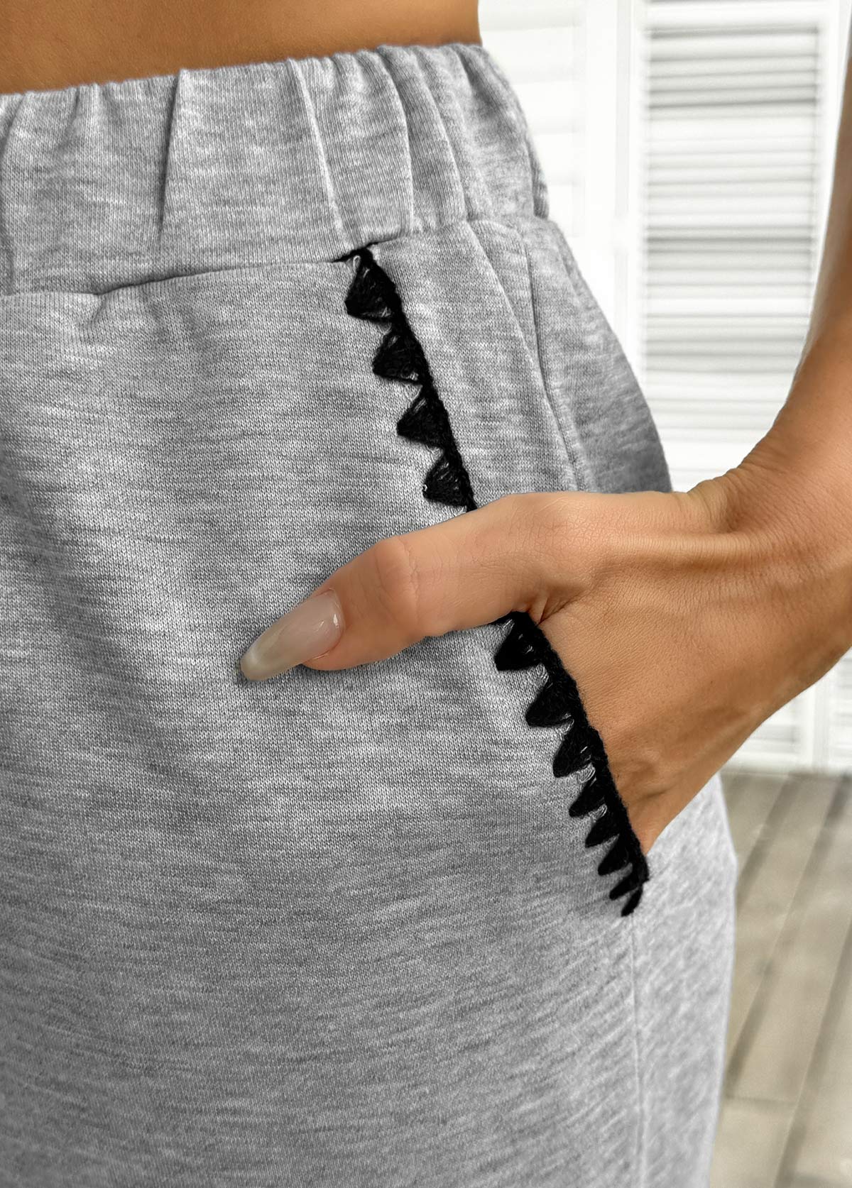 Grey bottoms,Plain Color bottoms,Pocket Grey Wide Leg Elastic Waist High Waisted Pants