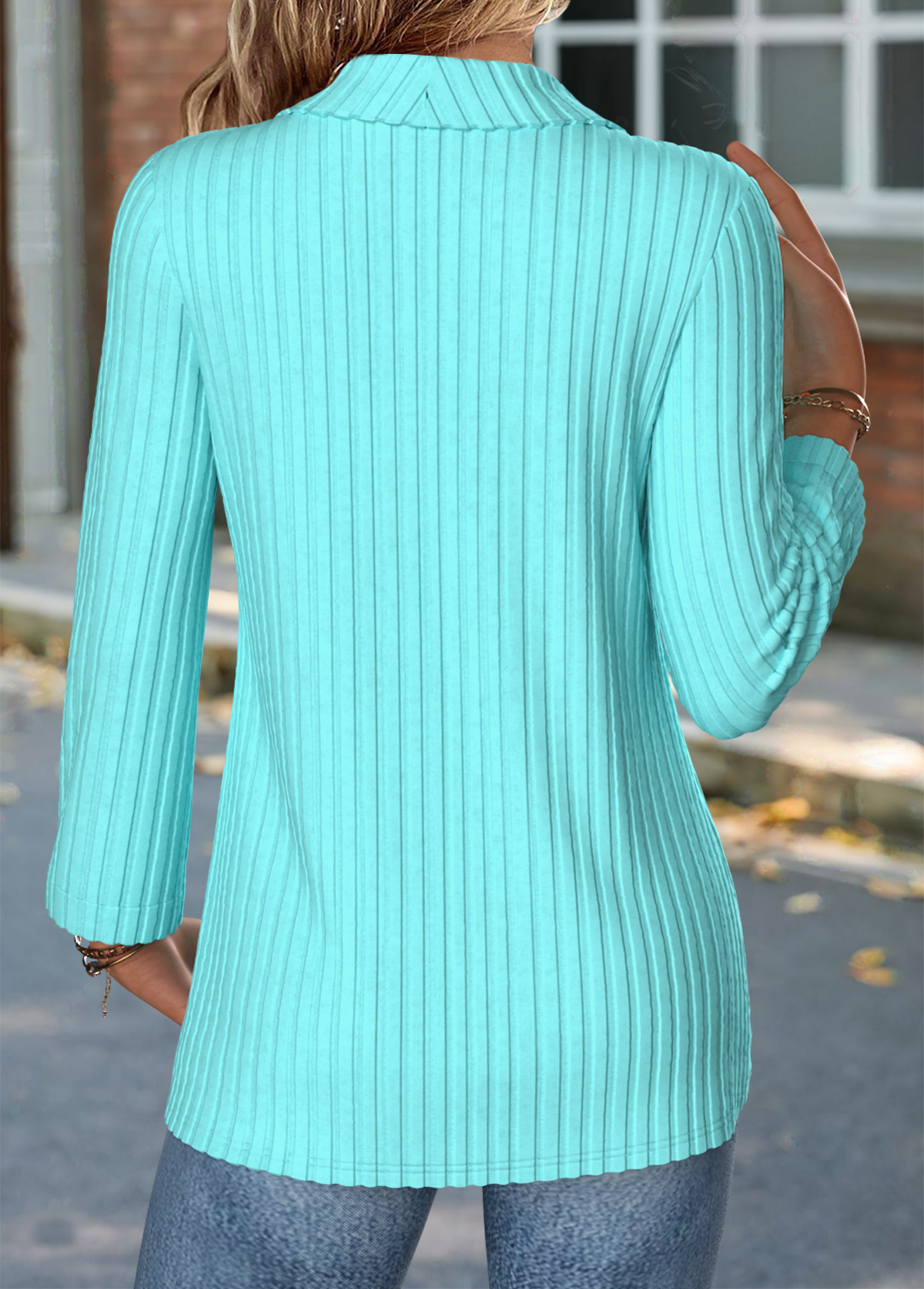 Cyan tops,Plain Color tops,ROTITA Fake 2in1 Cyan Turn Down Collar Long Sleeve Blouse