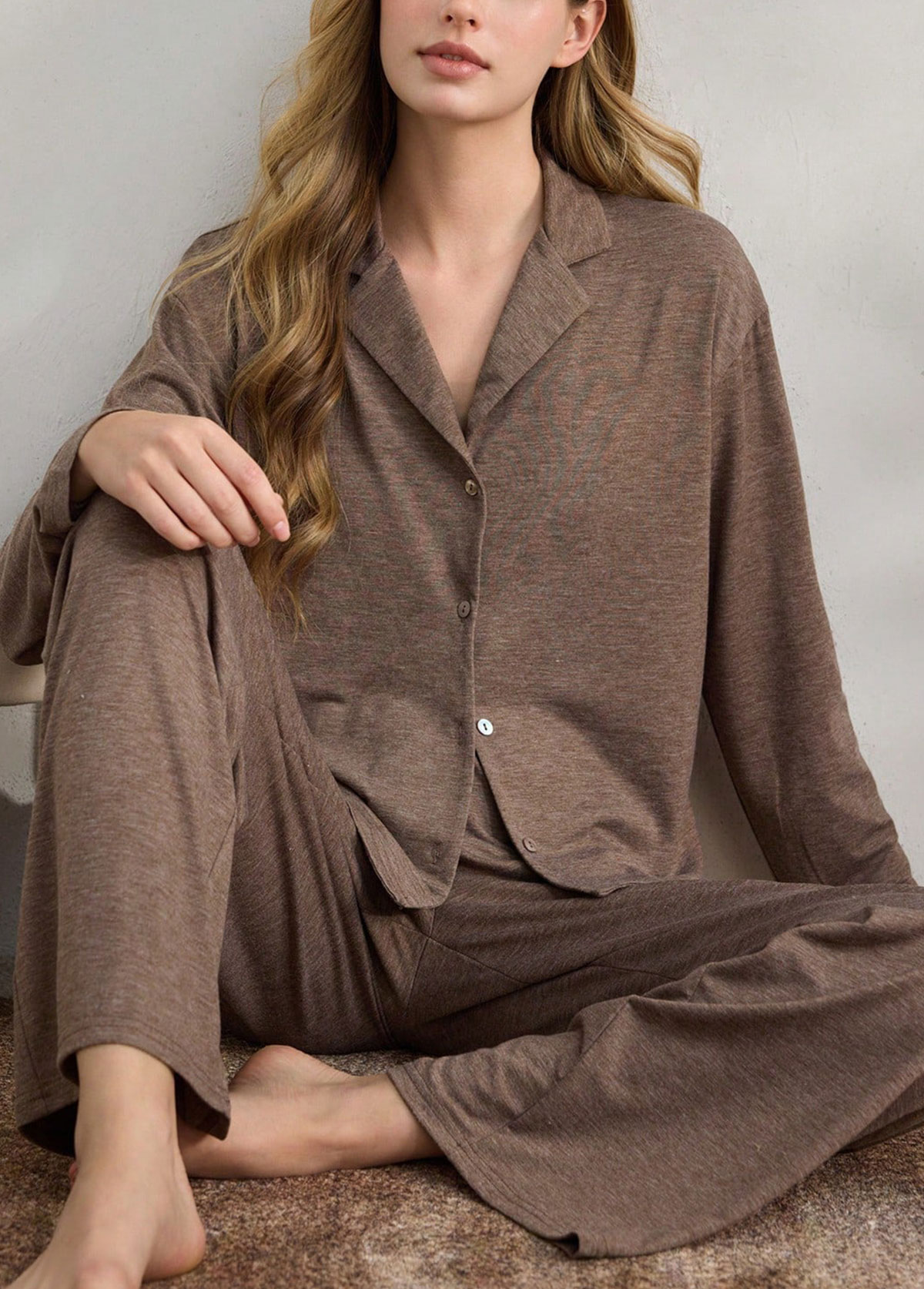 Gray Brown loungewear,Plain Color loungewear,Gray Brown Turn Down Collar Lounge Top and Pants