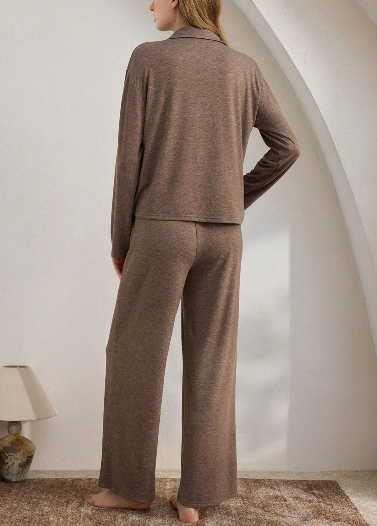 Gray Brown loungewear,Plain Color loungewear,Gray Brown Turn Down Collar Lounge Top and Pants