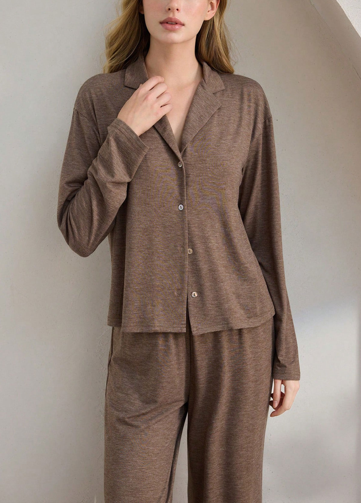 Gray Brown loungewear,Plain Color loungewear,Gray Brown Turn Down Collar Lounge Top and Pants