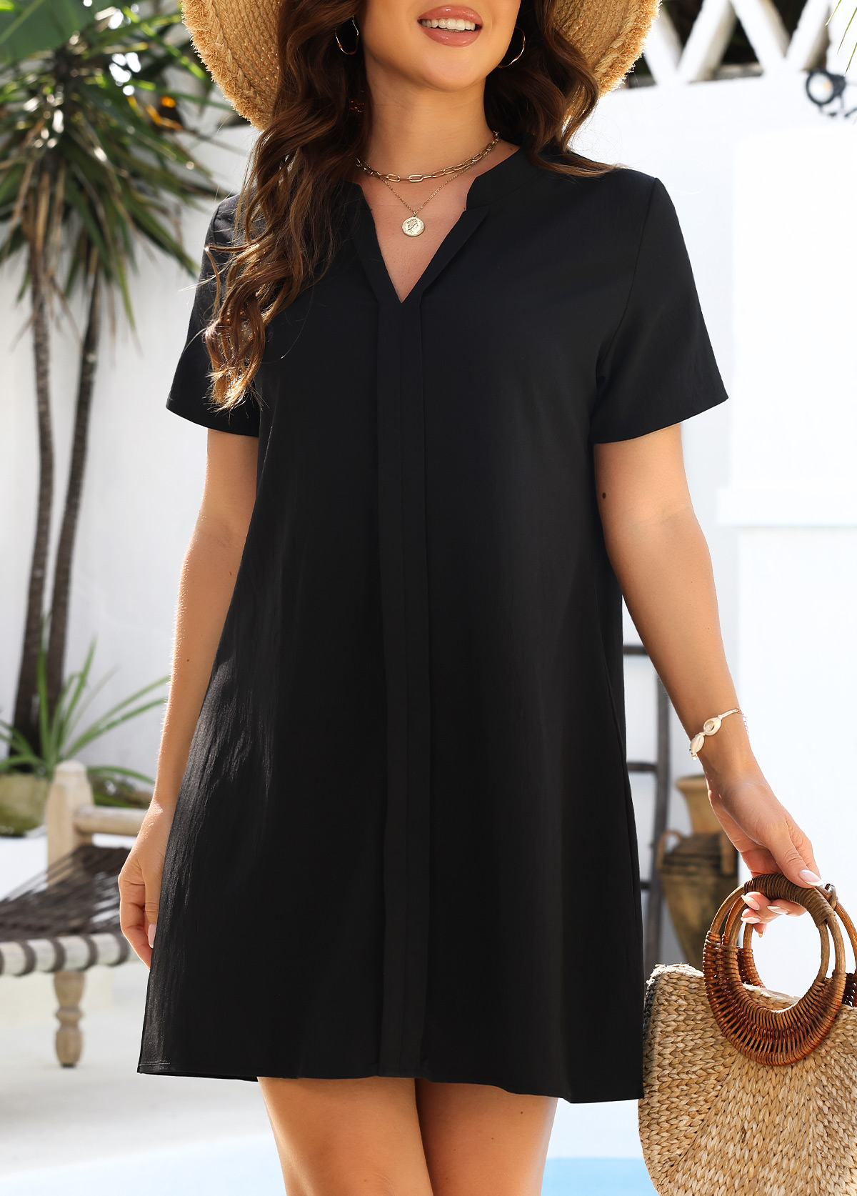 Black swimwear,Plain Color swimwear,Tummy Coverage Black Short Sleeve Cover Up