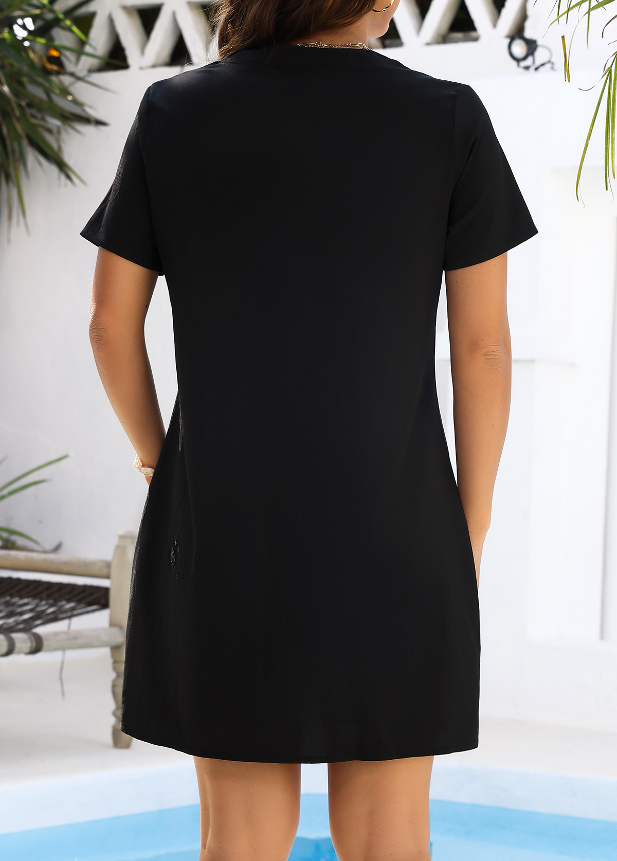 Black swimwear,Plain Color swimwear,Tummy Coverage Black Short Sleeve Cover Up