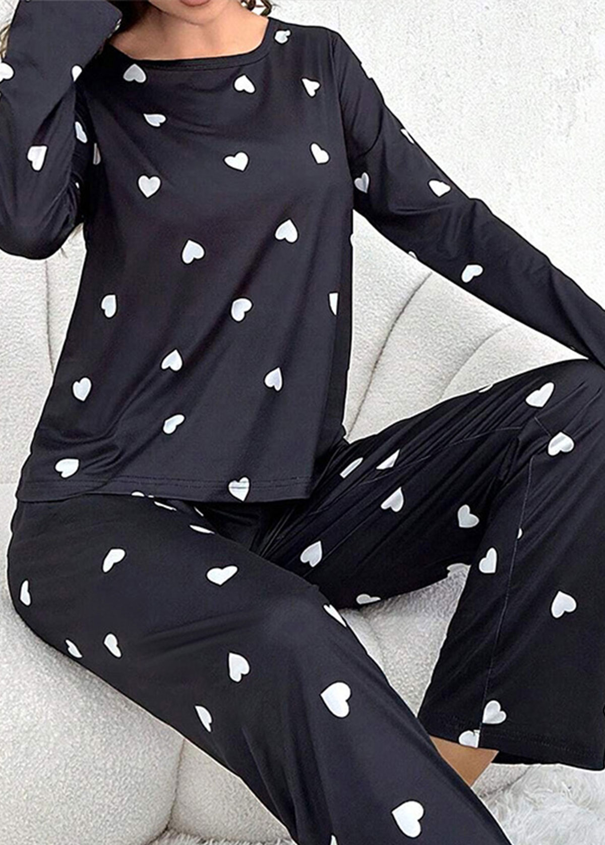 Black loungewear,Heart loungewear,Heart Print Black Round Neck Lounge Top and Pants