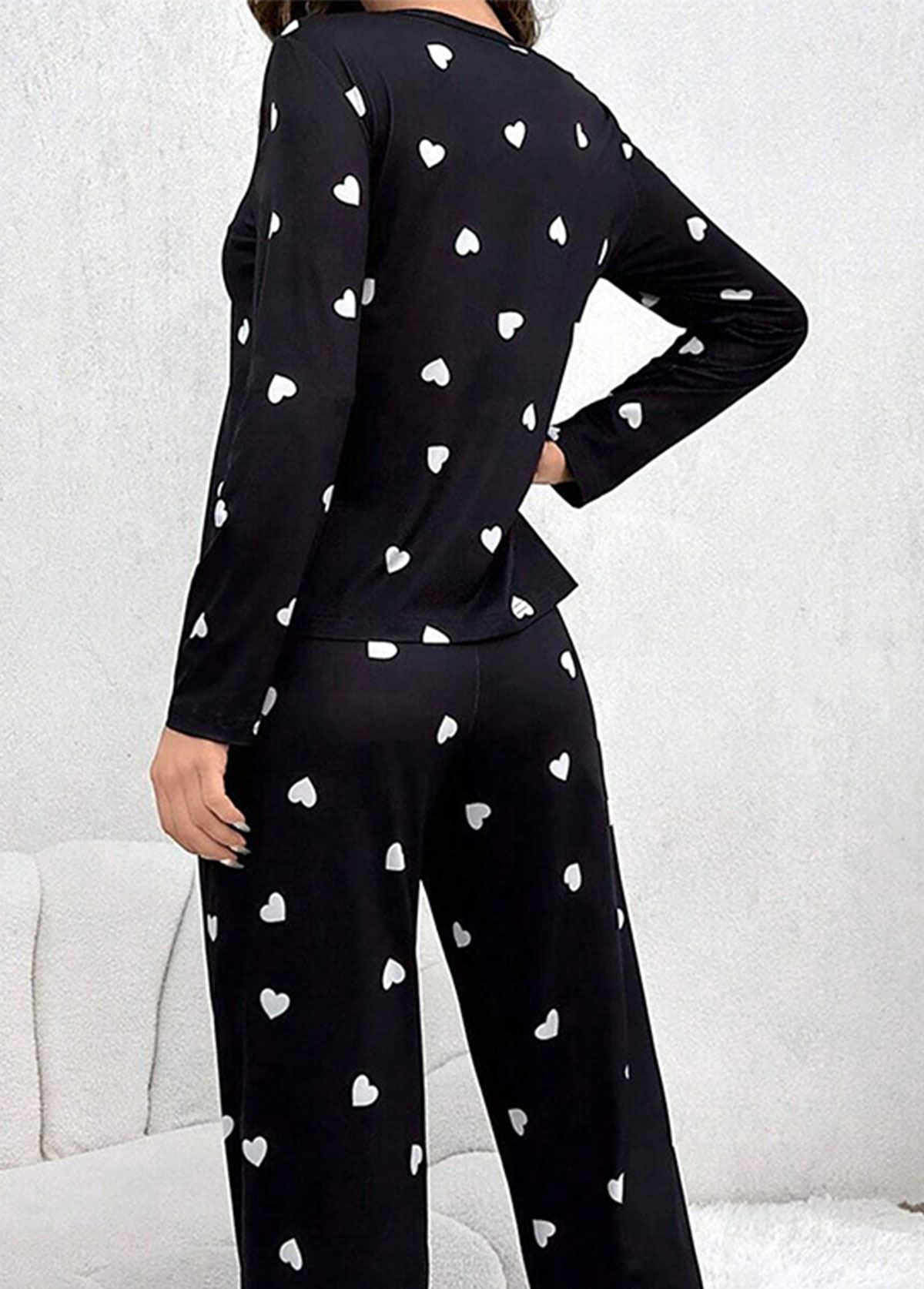 Black loungewear,Heart loungewear,Heart Print Black Round Neck Lounge Top and Pants