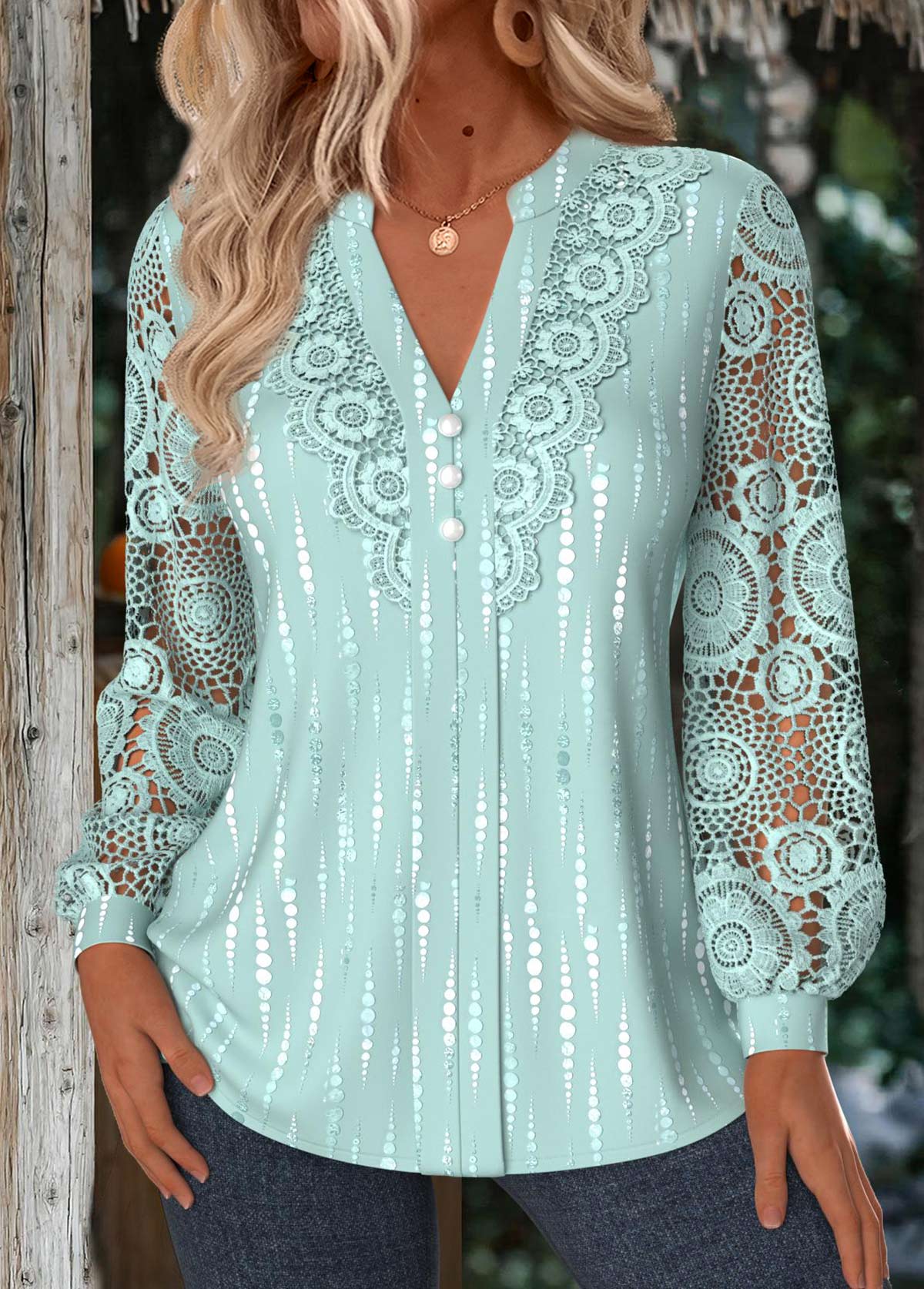 Mint Green tops,Geometric tops,ROTITA Tummy Coverage Geometric Print Mint Green Split Neck Shirt