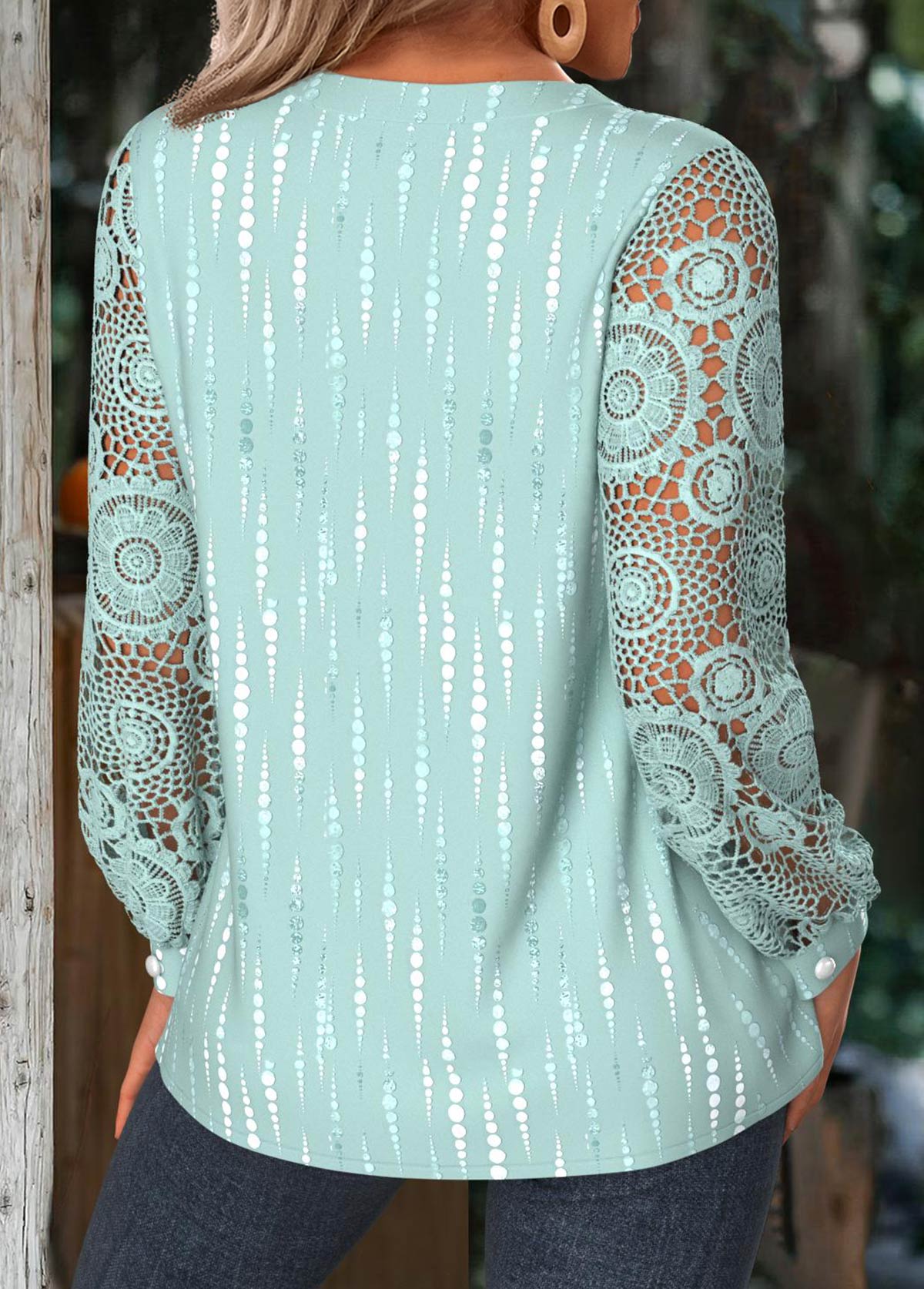 Mint Green tops,Geometric tops,ROTITA Tummy Coverage Geometric Print Mint Green Split Neck Shirt