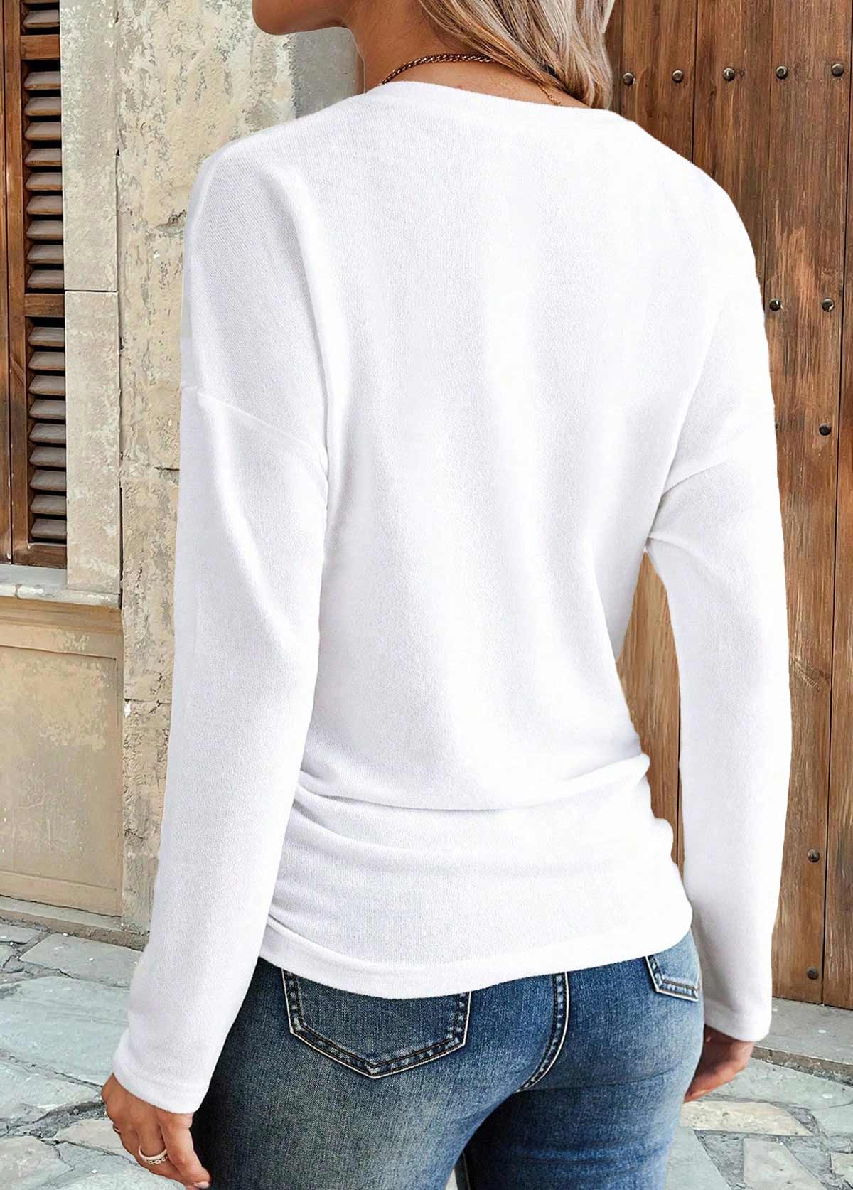 White tops,Plain Color tops,ROTITA Shirred White V Neck Long Sleeve T Shirt