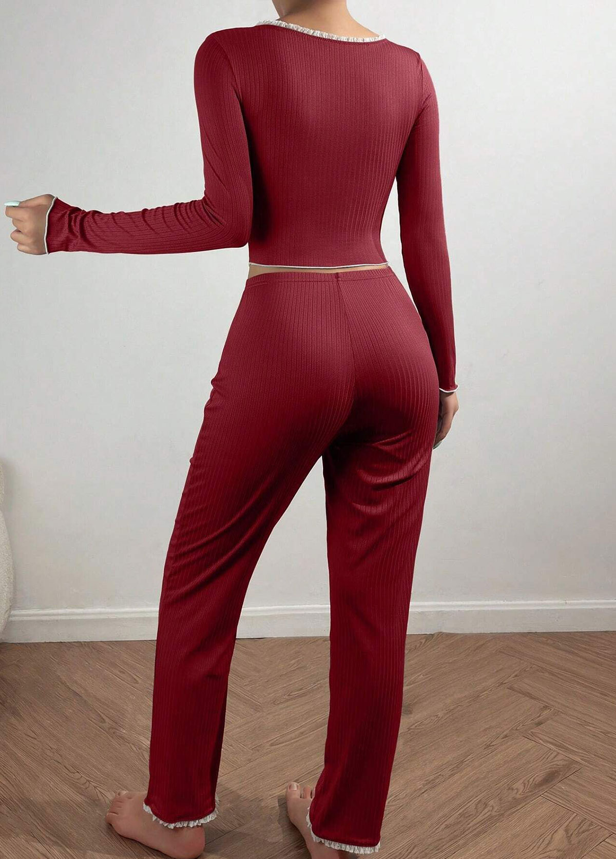 Wine Red loungewear,Contrast Color loungewear,Wine Red V Neck Lounge Top and Pants