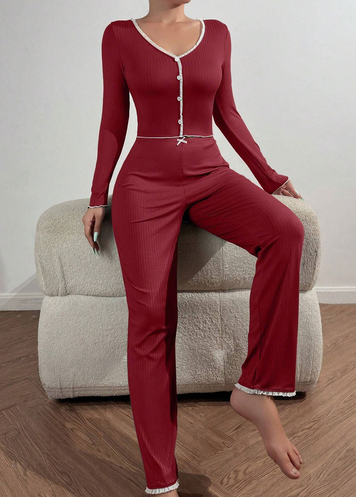 Wine Red loungewear,Contrast Color loungewear,Wine Red V Neck Lounge Top and Pants