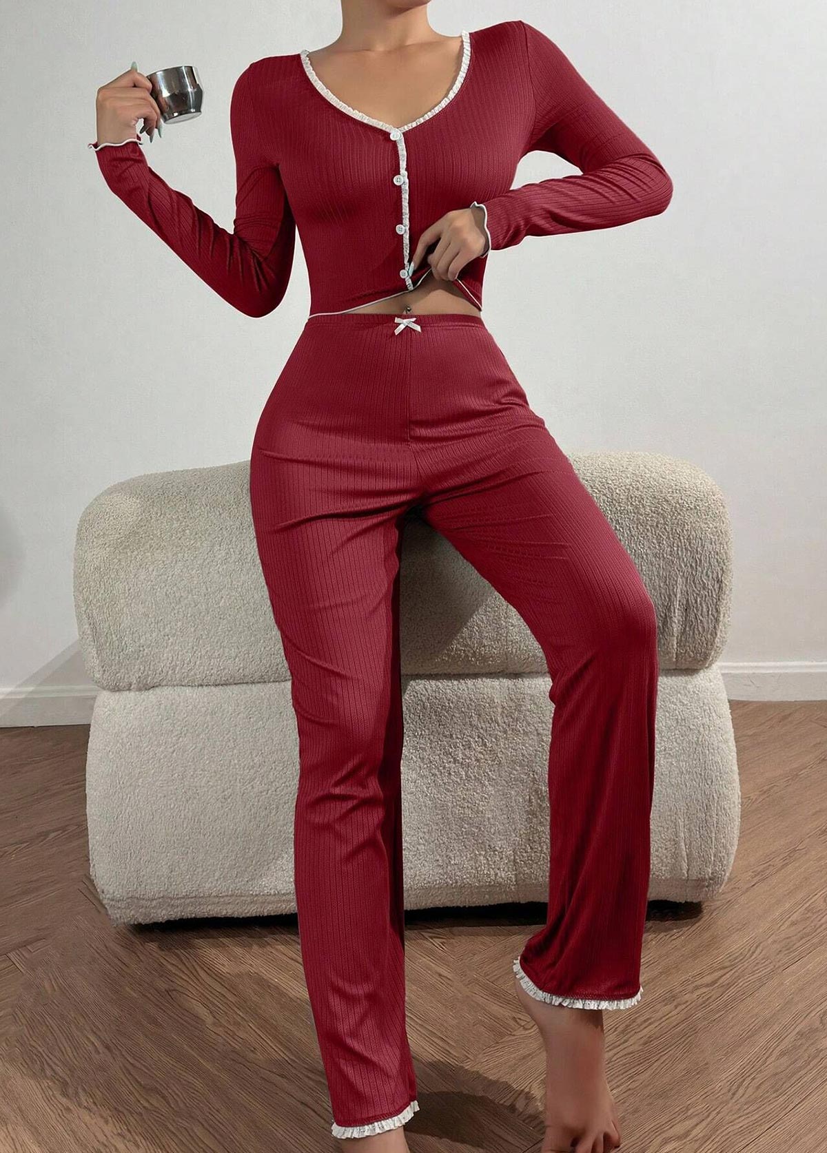 Wine Red loungewear,Contrast Color loungewear,Wine Red V Neck Lounge Top and Pants