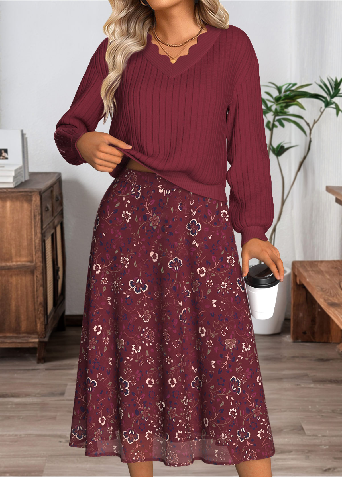 Wine Red dresses,Ditsy Floral dresses,Everyday dresses,Casual dresses,ROTITA Tummy Coverage Ditsy Floral Print Top and Skirt