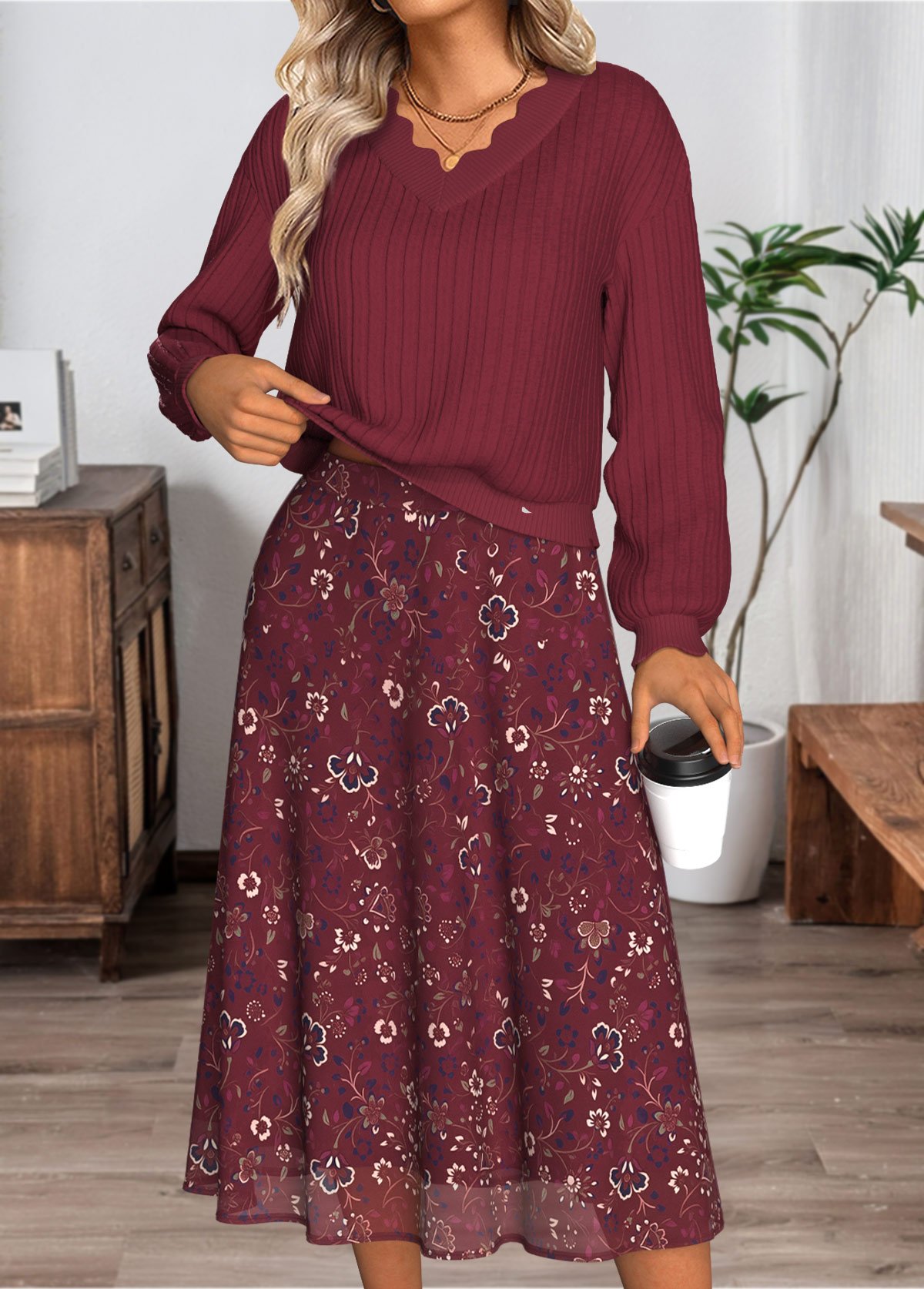 Wine Red dresses,Ditsy Floral dresses,Everyday dresses,Casual dresses,ROTITA Tummy Coverage Ditsy Floral Print Top and Skirt