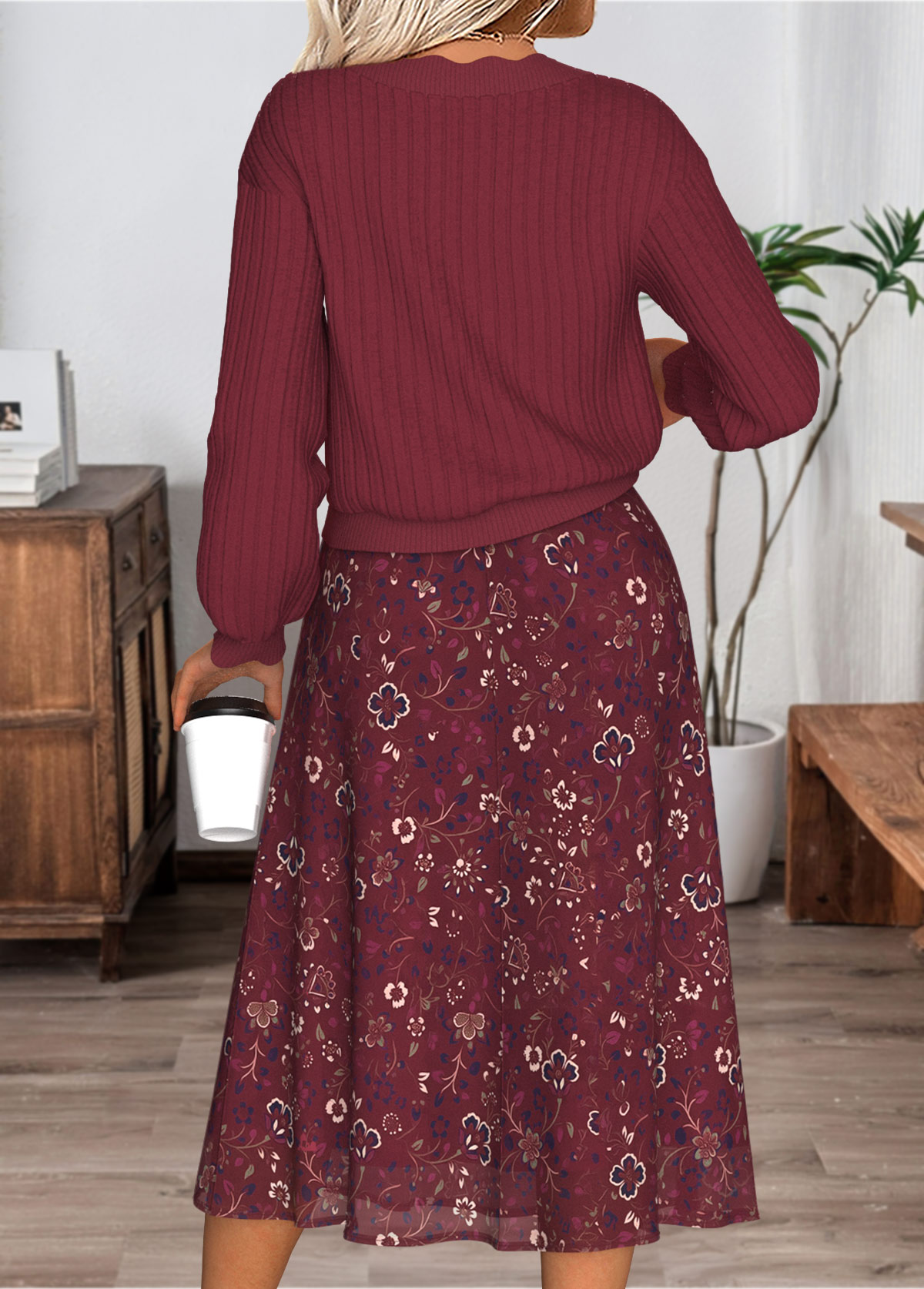 Wine Red dresses,Ditsy Floral dresses,Everyday dresses,Casual dresses,ROTITA Tummy Coverage Ditsy Floral Print Top and Skirt
